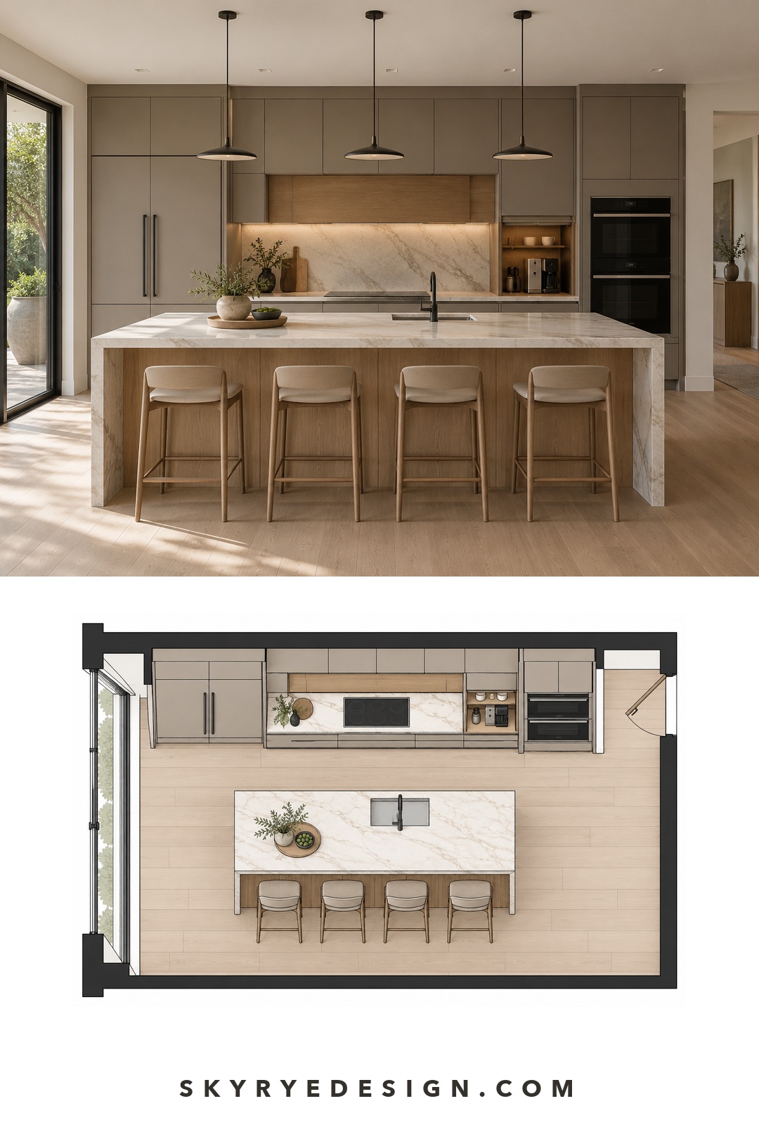 Minimal modern kitchen and floor plan with panel-ready and flush integrated appliances