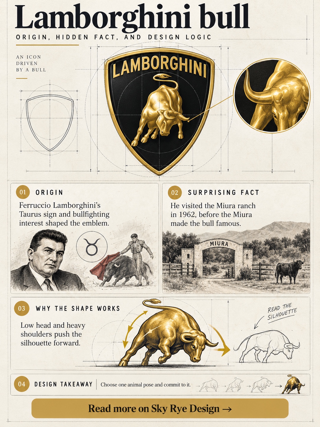 Infographic explaining the origin, surprising fact, and design logic of the Lamborghini logo