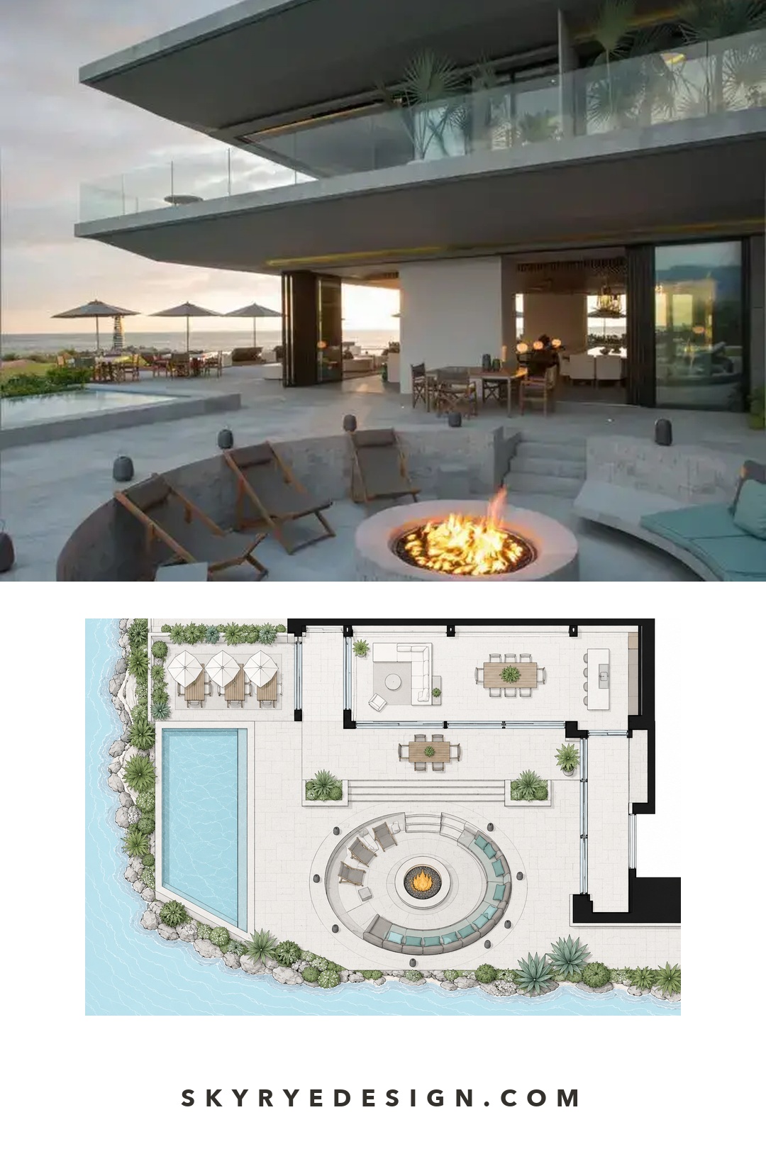 Luxury Villa Ocean Terrace Plan Oceanfront firepit terrace paired with a top-down entertaining layout. | Sky Rye Design Oceanfront firepit terrace paired with a top-down entertaining layout.