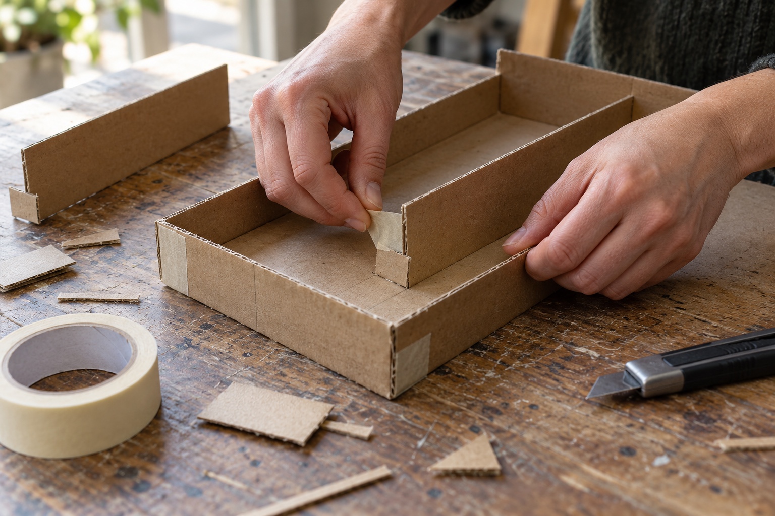 Building a disposable cardboard prototype Hands taping a movable cardboard divider into a shallow prototype tray with folded tabs and offcuts nearby | Sky Rye Design Hands taping a movable cardboard divider into a shallow prototype tray with folded tabs and offcuts nearby