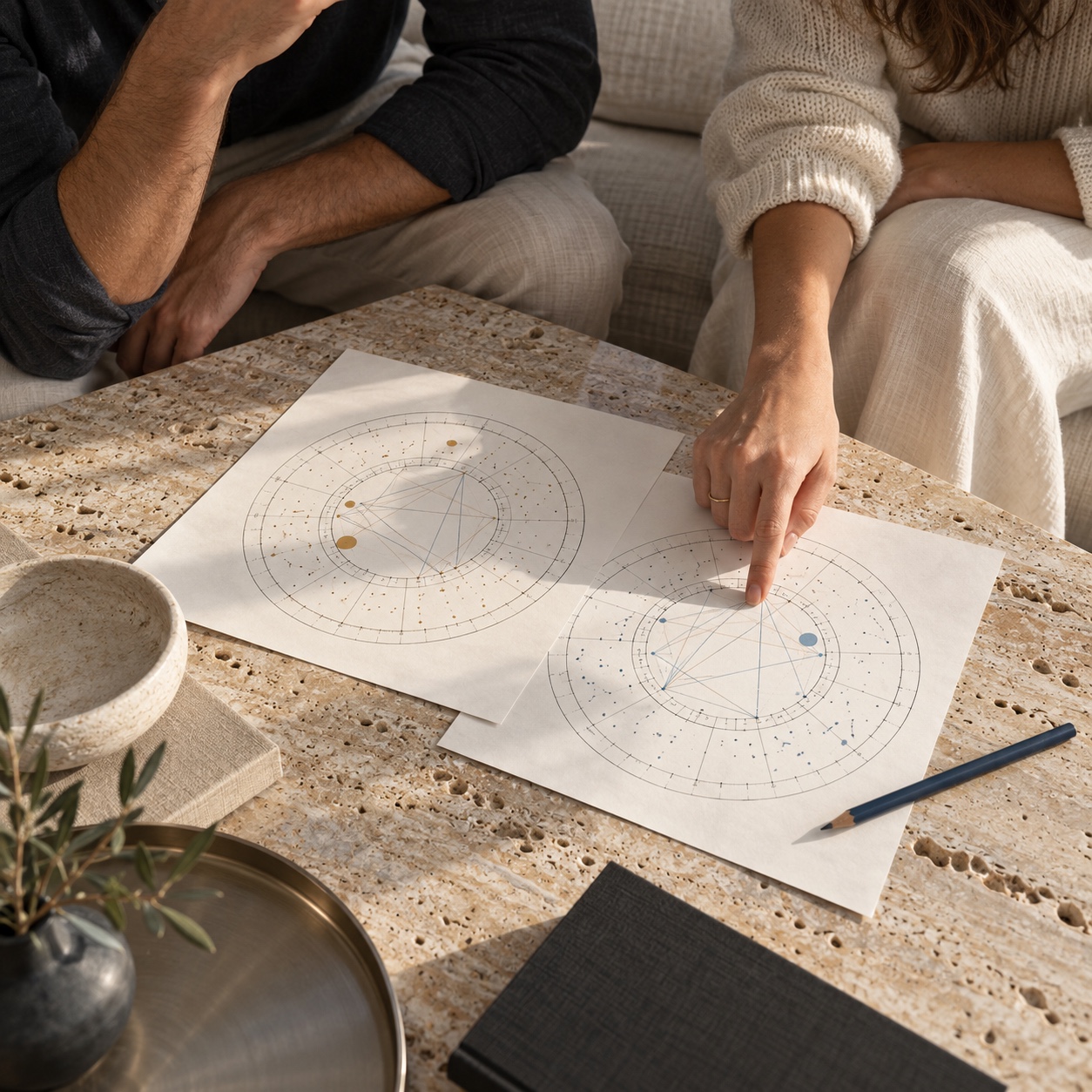 Reviewing two birth charts together A couple compares two abstract birth-chart diagrams as a discussion prompt | Sky Rye Design A couple compares two abstract birth-chart diagrams as a discussion prompt