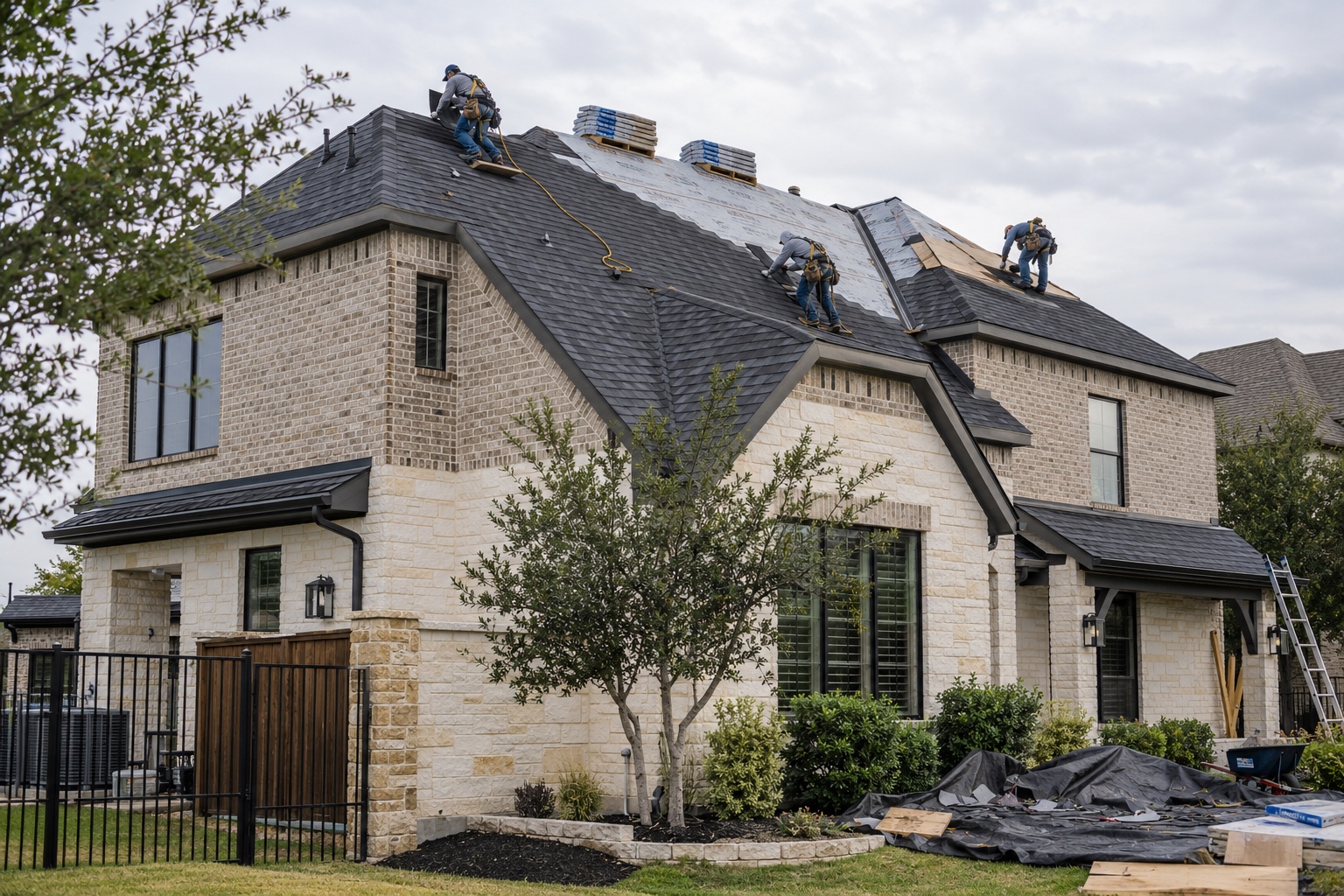 Residential Roof Replacement Crew Professional crew installing architectural shingles on a Dallas home | Sky Rye Design Professional crew installing architectural shingles on a Dallas home