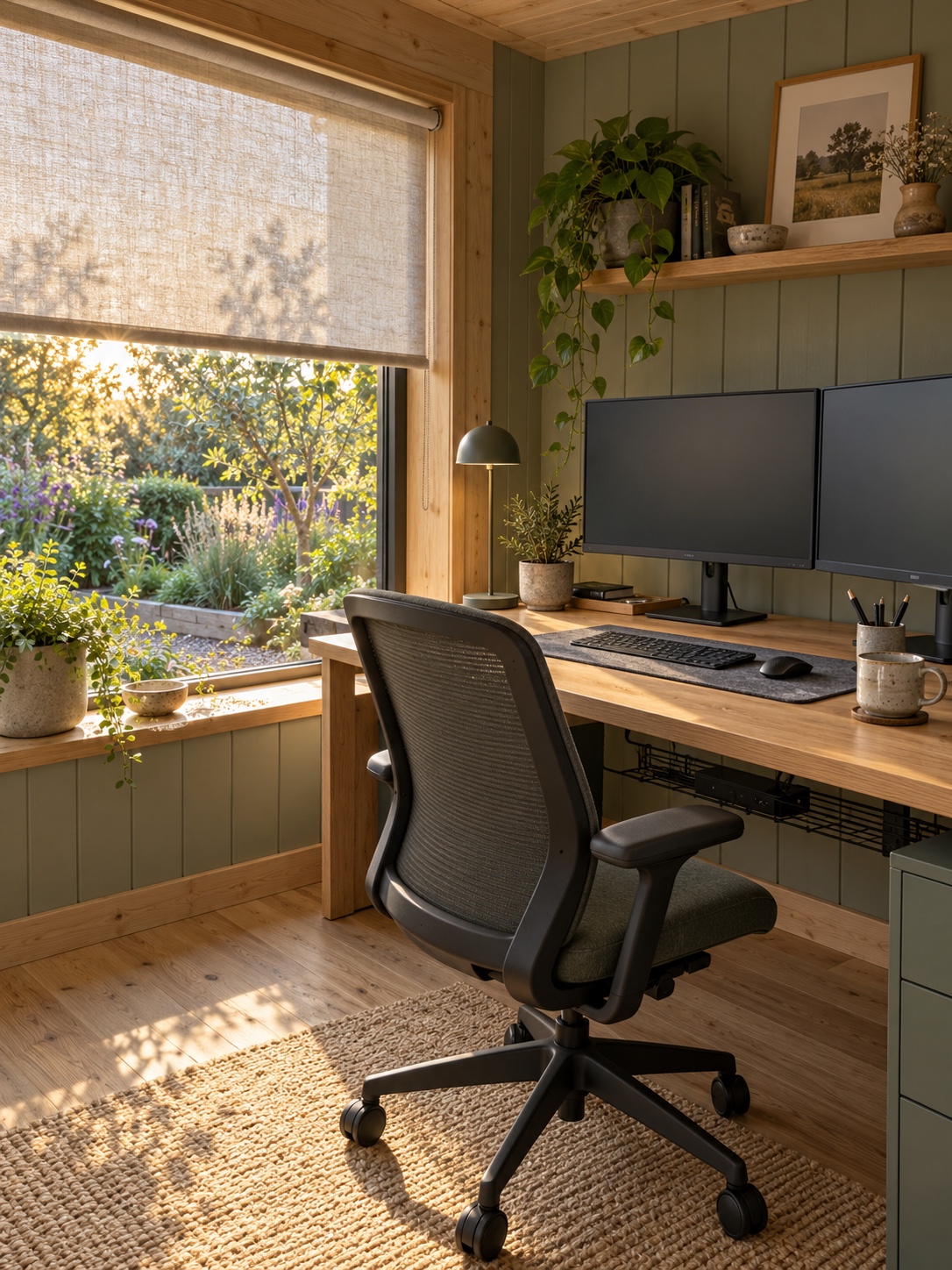 Desk set perpendicular to a window with a fabric blind half lowered, keeping daylight off the monitor screen