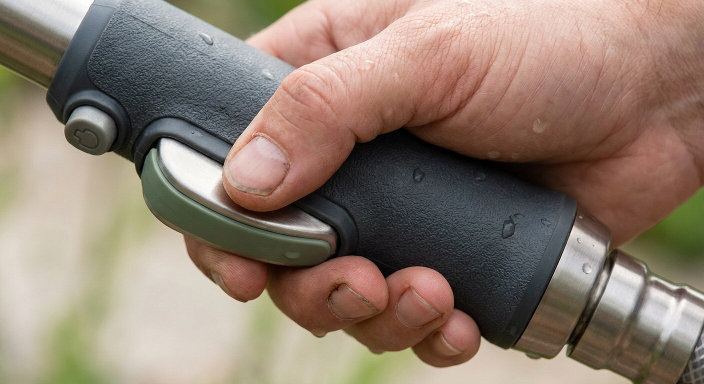Close view of a wet-hand grip and reachable thumb flow control on a watering wand