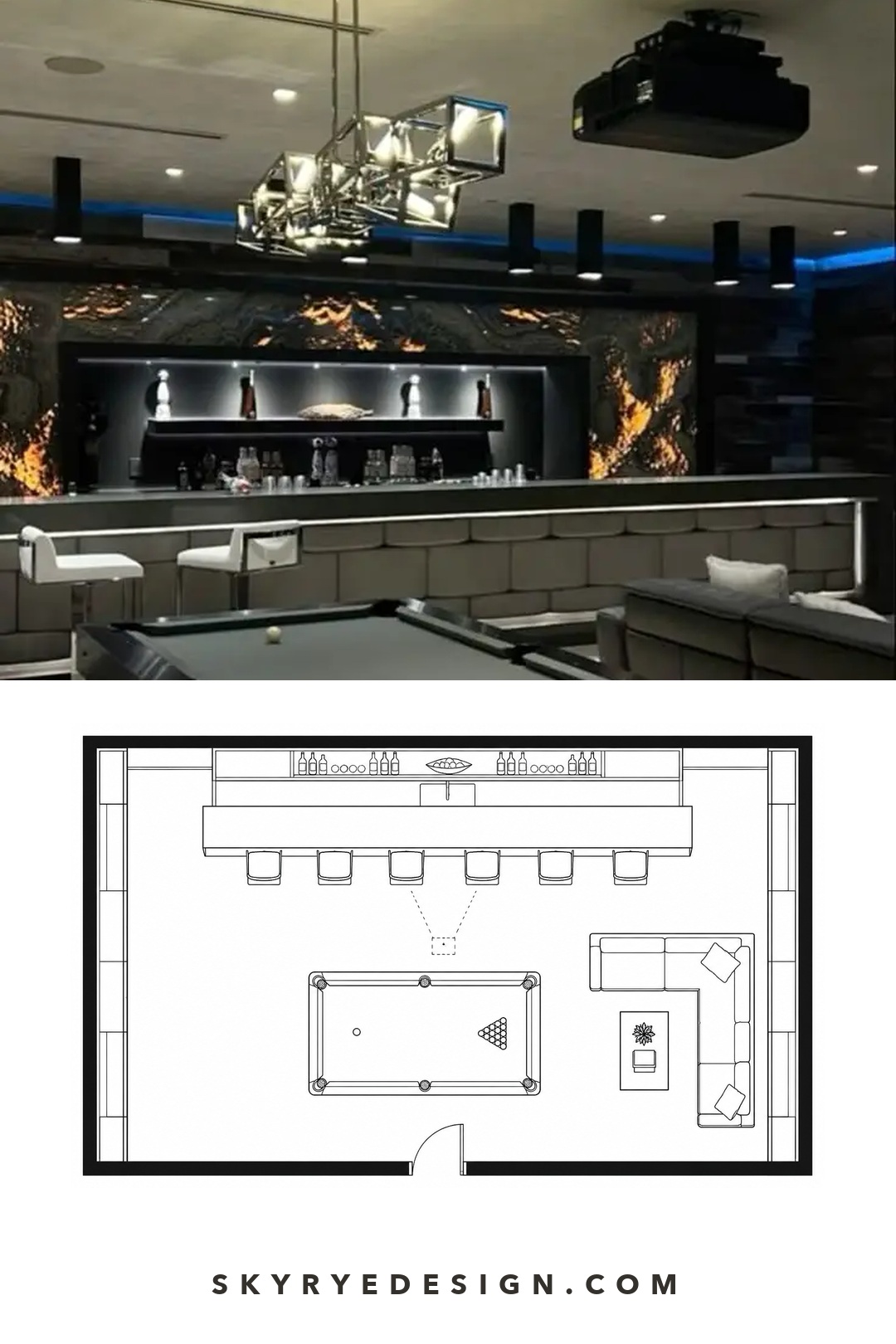 Luxury Villa Game Room and Bar Plan Luxury game room and bar paired with a top-down recreation room plan. | Sky Rye Design Luxury game room and bar paired with a top-down recreation room plan.