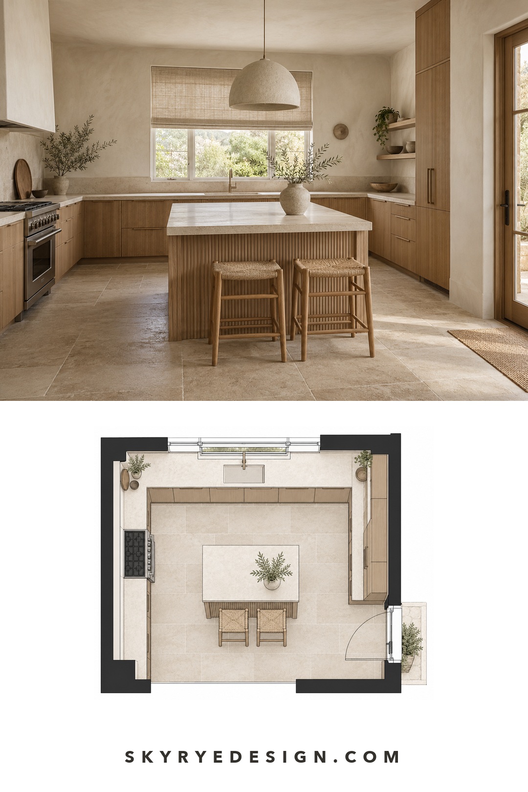 Textured Japandi kitchen and floor plan with fluted oak, limestone, plaster, and clear worktops