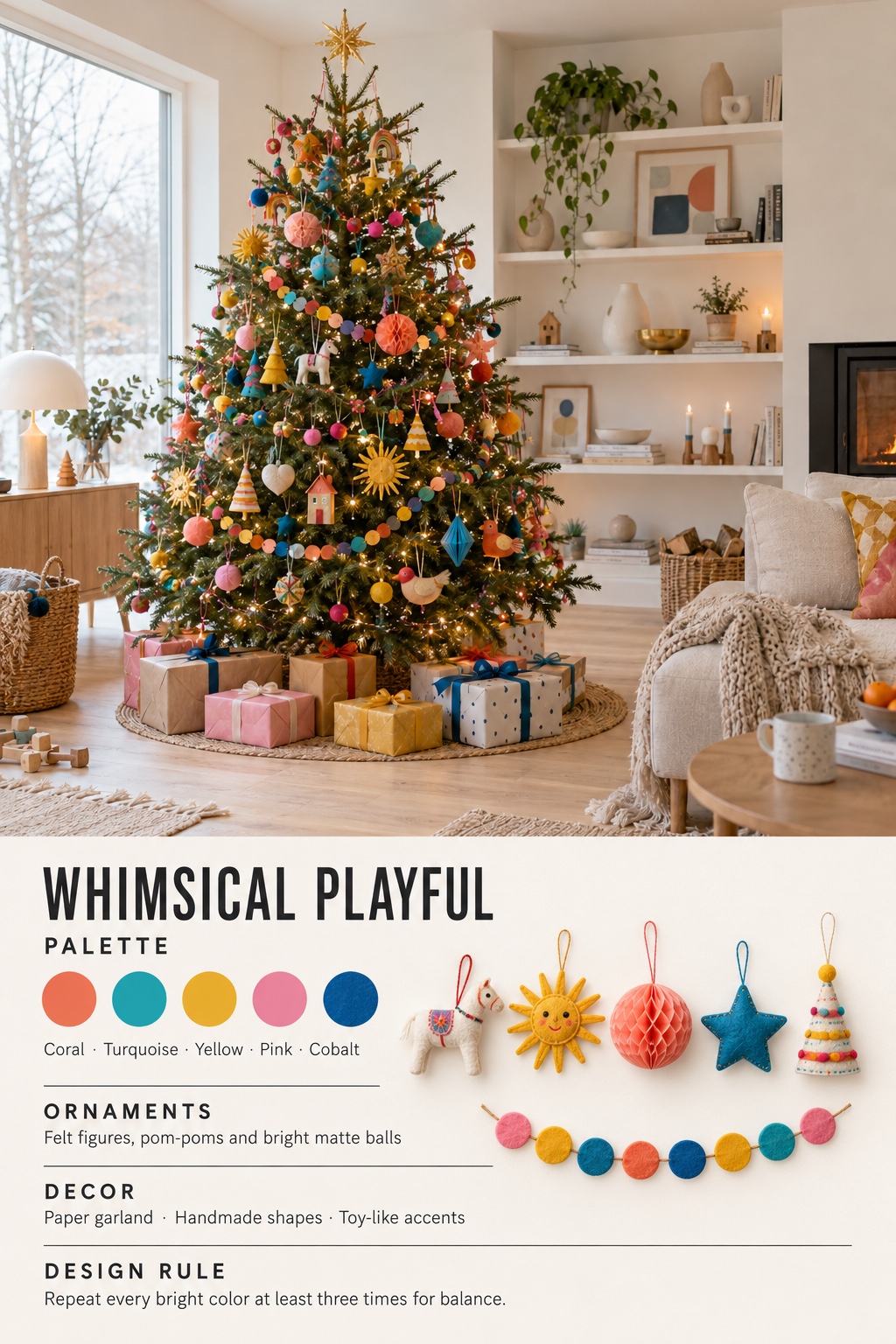 Whimsical Playful Christmas Tree Infographic Whimsical Playful Christmas tree infographic with color palette, ornaments, decor, and design rule | Sky Rye Design Whimsical Playful Christmas tree infographic with color palette, ornaments, decor, and design rule