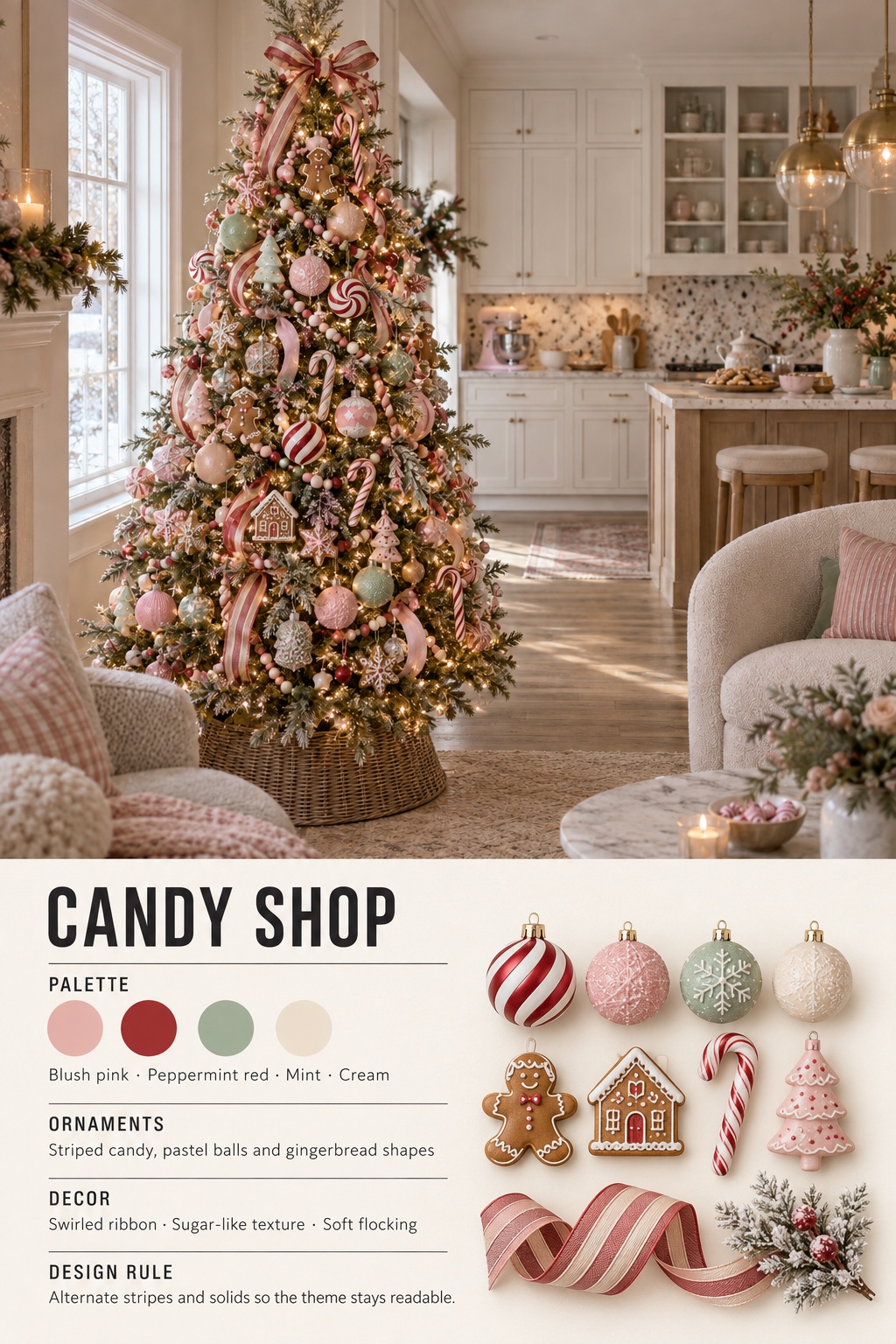Candy Shop Christmas Tree Infographic Candy Shop Christmas tree infographic with color palette, ornaments, decor, and design rule | Sky Rye Design Candy Shop Christmas tree infographic with color palette, ornaments, decor, and design rule
