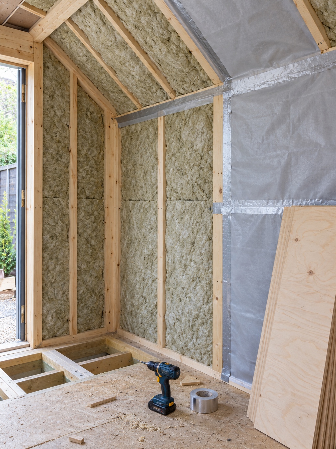 Timber shed wall during conversion with insulation fitted between studs, a membrane partly installed and lining boards stacked nearby
