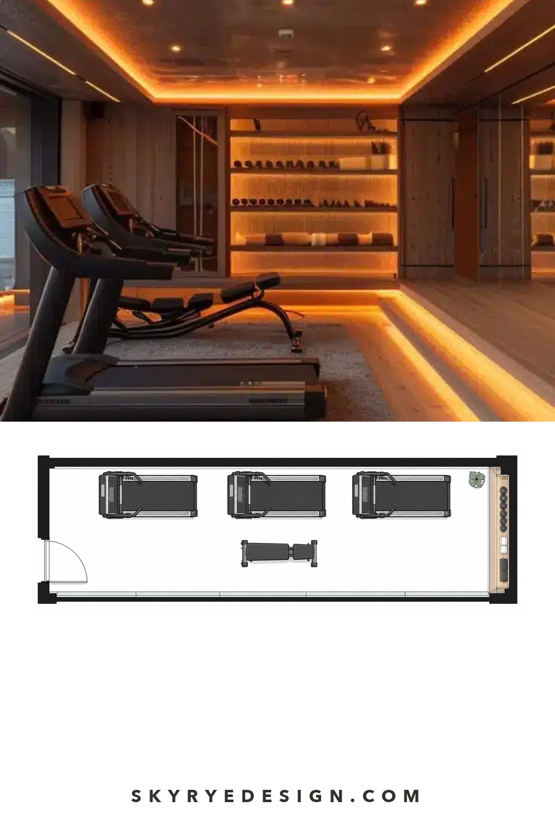 Luxury Villa Home Gym Plan Long narrow home gym paired with a top-down equipment and circulation plan. | Sky Rye Design Long narrow home gym paired with a top-down equipment and circulation plan.