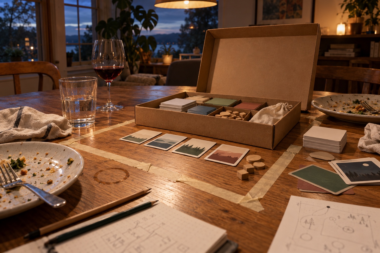 Testing the open kit on a crowded table Open cardboard game kit among plates and glasses with its lid propped and its footprint marked in masking tape | Sky Rye Design Open cardboard game kit among plates and glasses with its lid propped and its footprint marked in masking tape