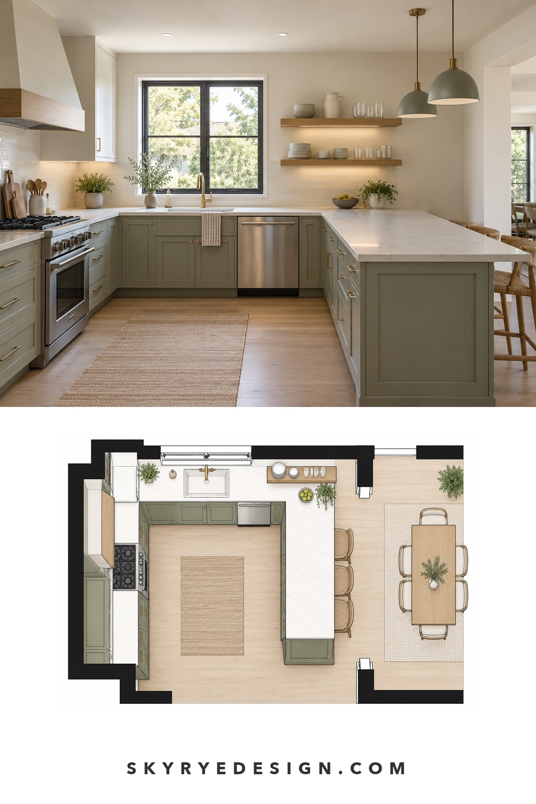 Modern kitchen and floor plan with edited open shelves for frequently used dishes