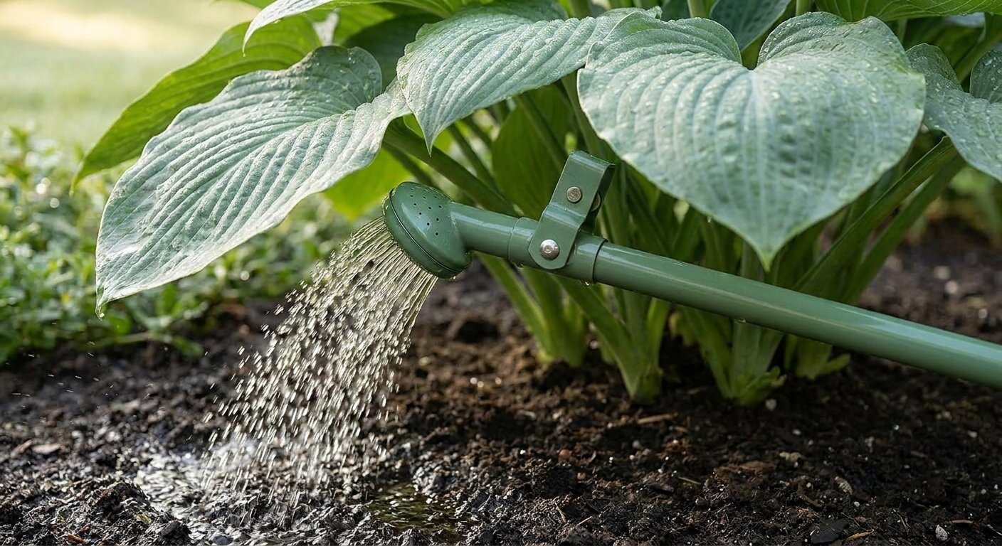 Pivoting watering wand head angled beneath broad leaves toward the soil