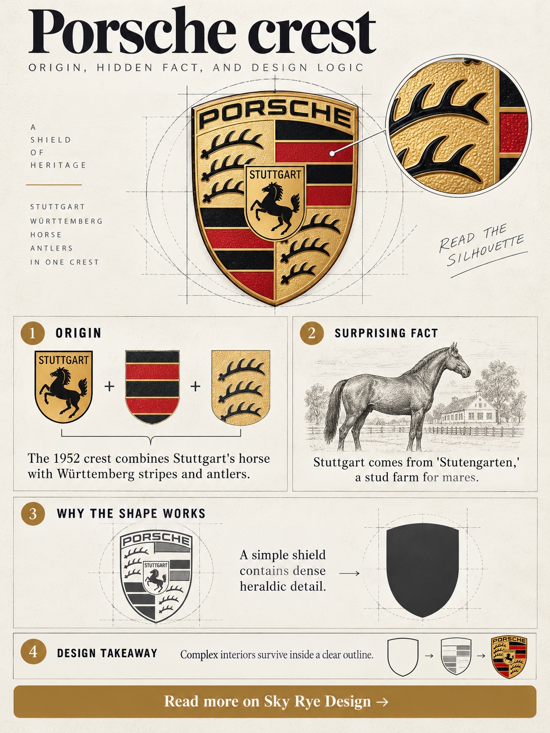 Infographic explaining the origin, surprising fact, and design logic of the Porsche logo