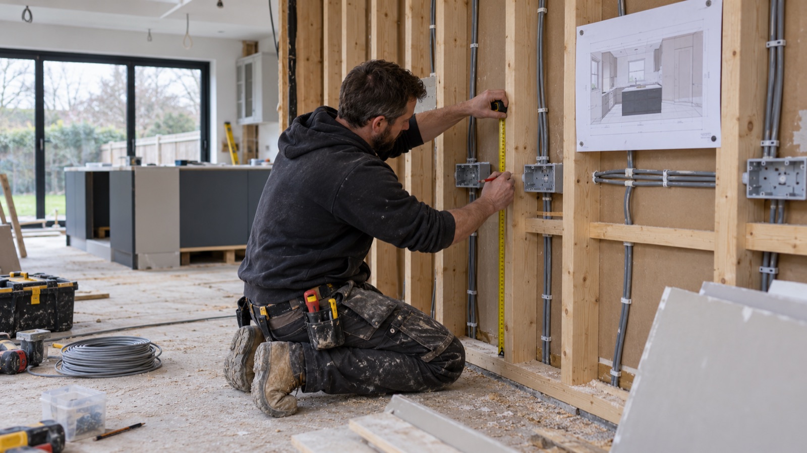 Electrician setting socket positions during first fix in a renovation Electrician setting socket positions during first fix in a renovation | Sky Rye Design Electrician setting socket positions during first fix in a renovation