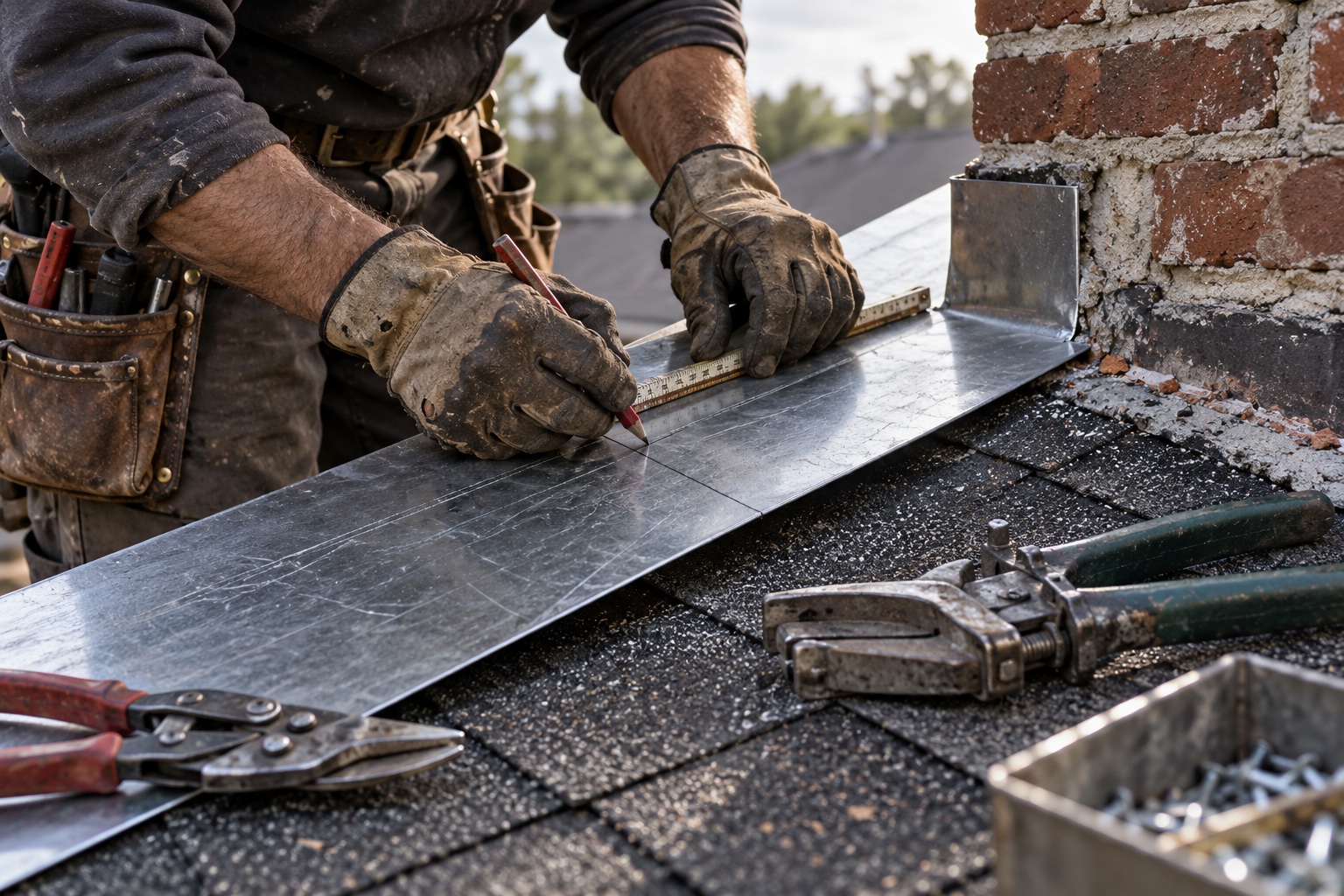 Roofing Craftsmanship Detail Experienced roofer measuring a custom metal flashing detail | Sky Rye Design Experienced roofer measuring a custom metal flashing detail
