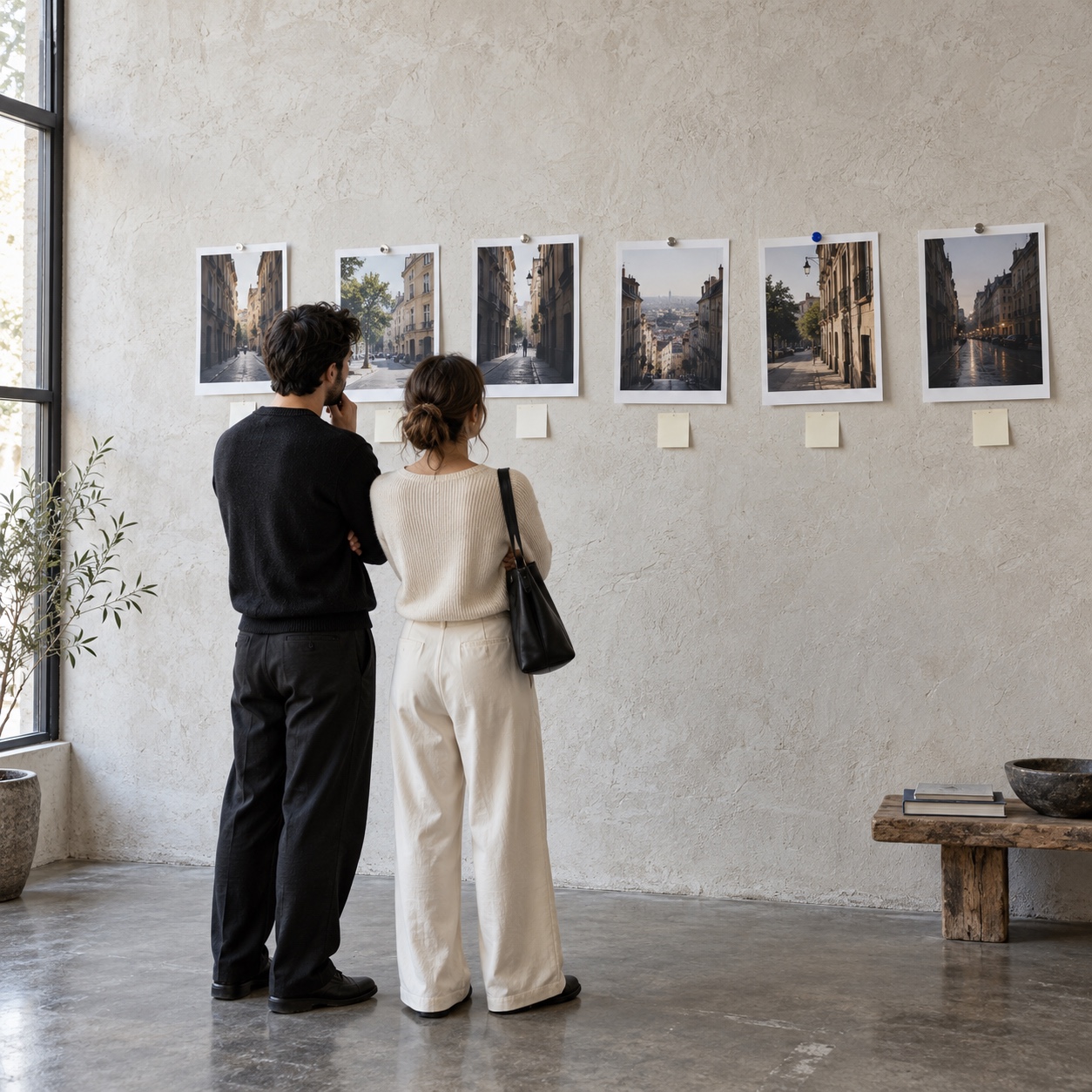 Comparing a six-city shortlist A couple reviews six potential cities pinned to a modern interior wall | Sky Rye Design A couple reviews six potential cities pinned to a modern interior wall