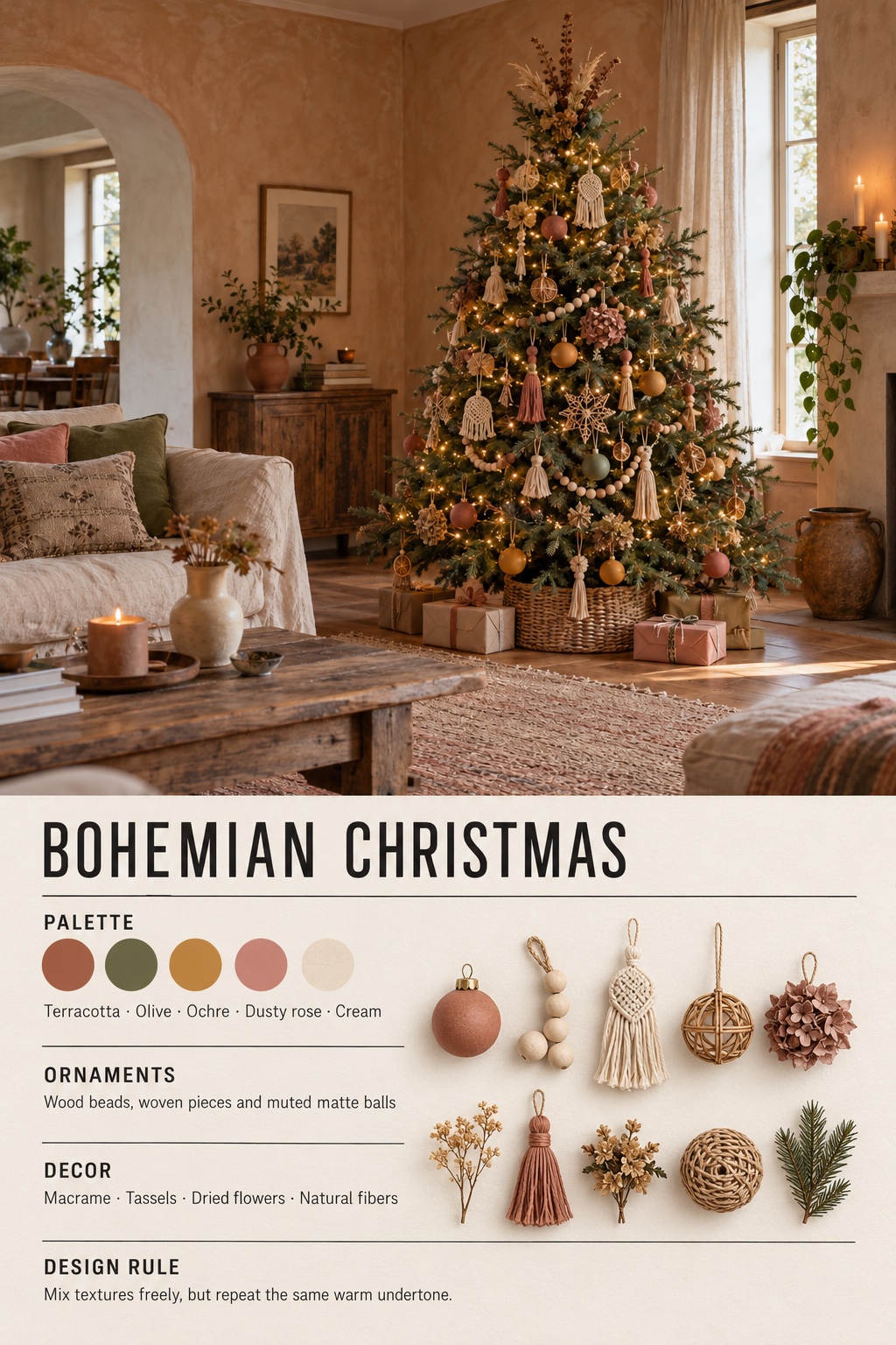 Bohemian Christmas Tree Infographic Bohemian Christmas tree infographic with color palette, ornaments, decor, and design rule | Sky Rye Design Bohemian Christmas tree infographic with color palette, ornaments, decor, and design rule