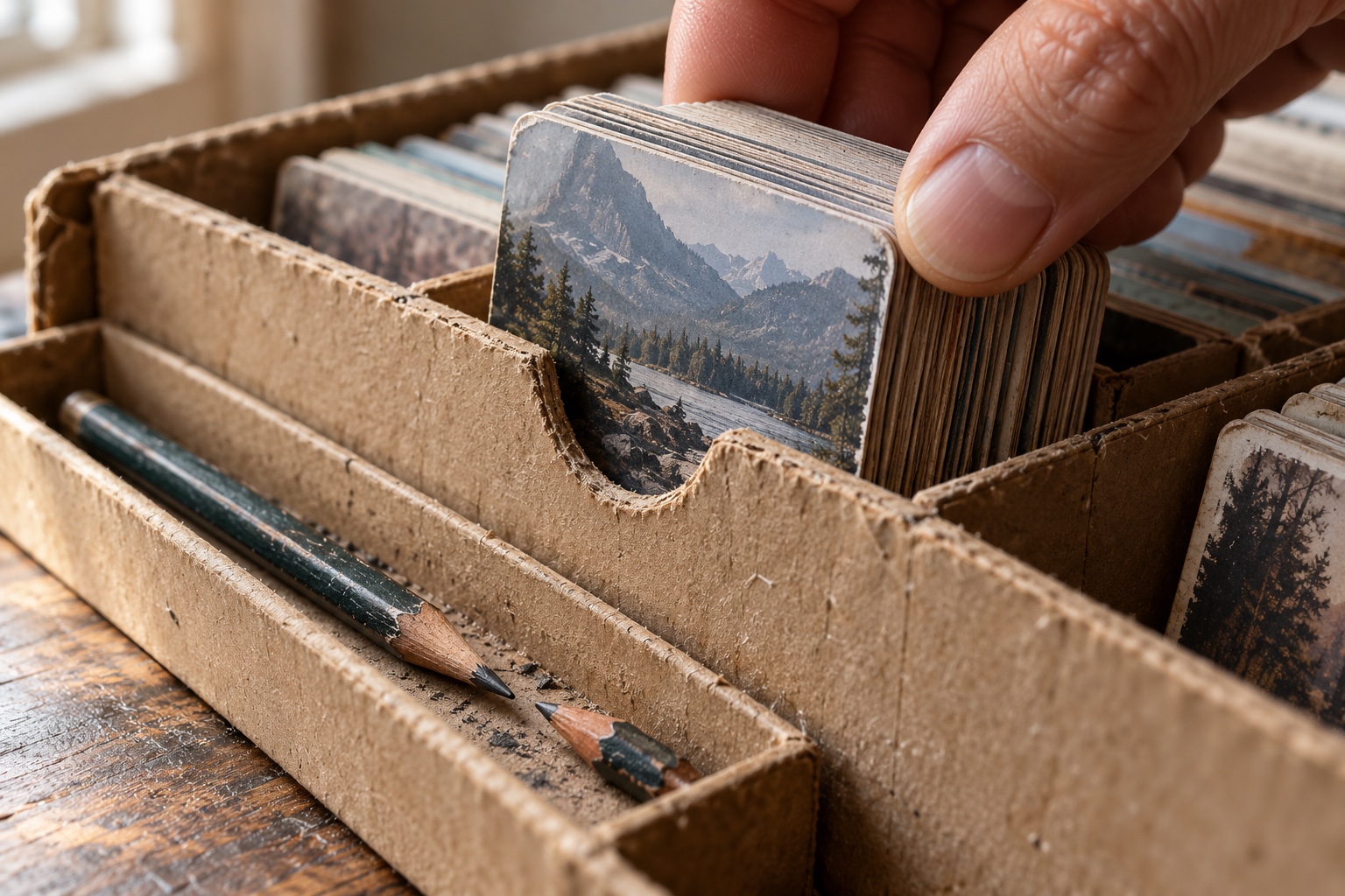 Finger access for cards and pencils Fingers lifting a card stack through a shallow notch beside a pencil groove holding a short pencil | Sky Rye Design Fingers lifting a card stack through a shallow notch beside a pencil groove holding a short pencil