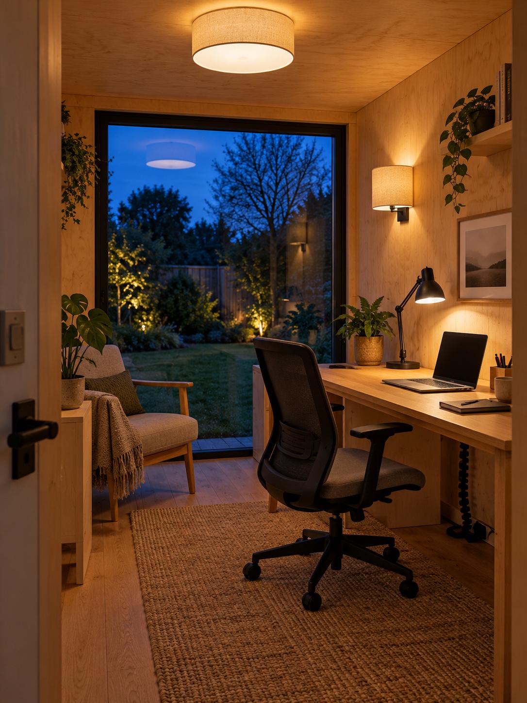 Timber garden office interior at dusk lit by a soft ceiling light, a desk task lamp and a wall light for video calls