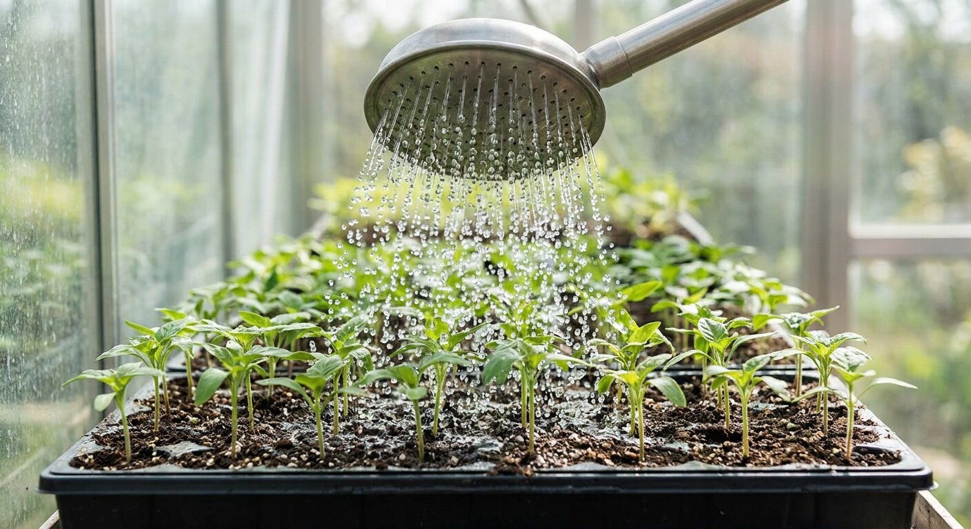 Even rain-like watering pattern falling gently over young seedlings