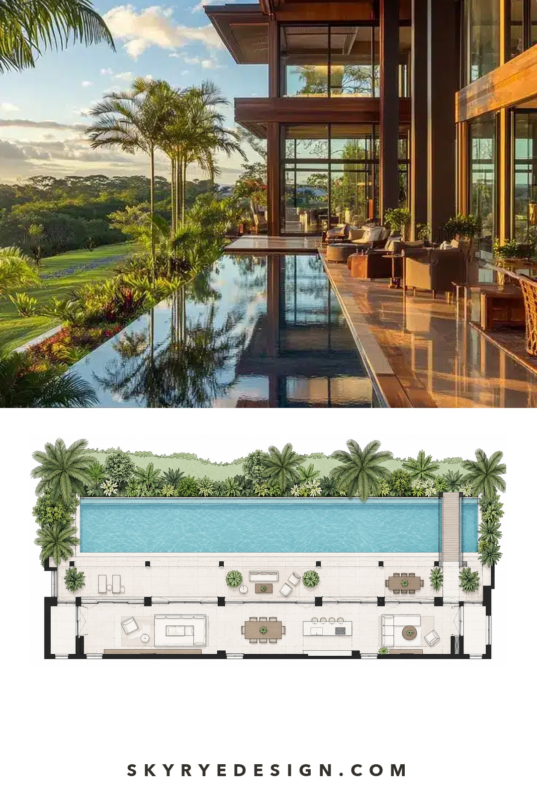 Luxury Villa Pool Gallery Plan Tropical villa infinity pool paired with a top-down pool gallery landscape plan. | Sky Rye Design Tropical villa infinity pool paired with a top-down pool gallery landscape plan.