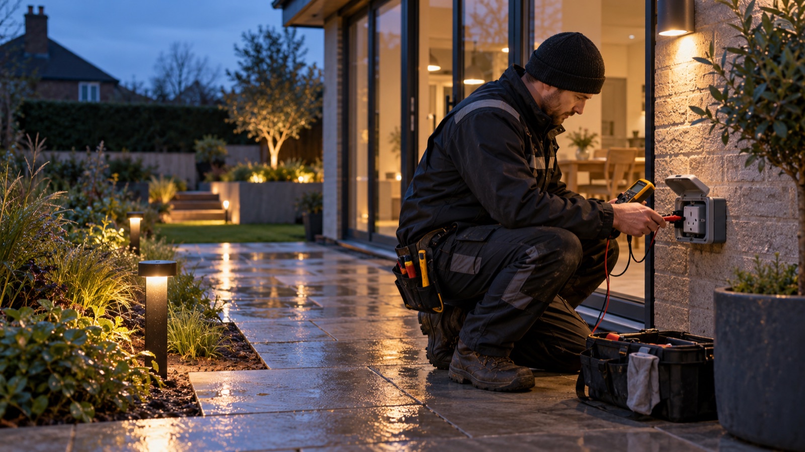 Electrician testing discreet garden lighting and outdoor power Electrician testing discreet garden lighting and outdoor power | Sky Rye Design Electrician testing discreet garden lighting and outdoor power