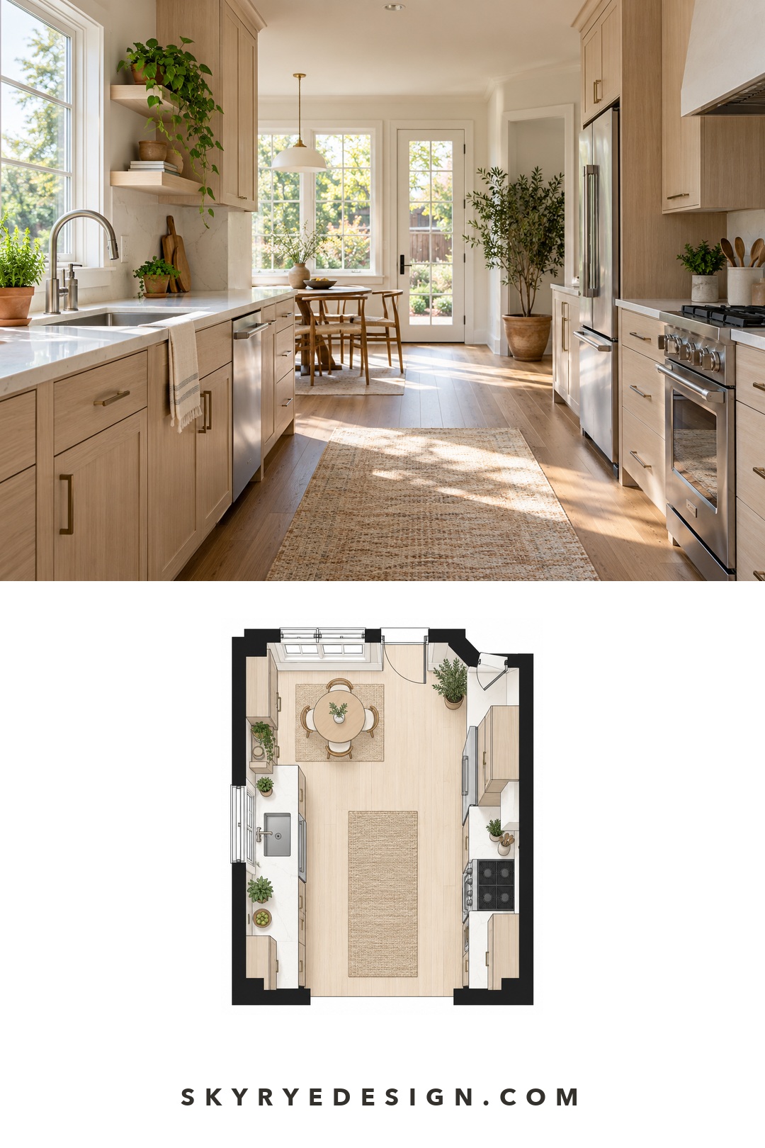 Bright galley kitchen and floor plan with herbs and plants placed near natural light