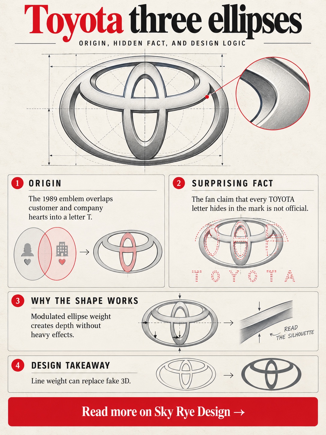 Infographic explaining the origin, surprising fact, and design logic of the Toyota logo
