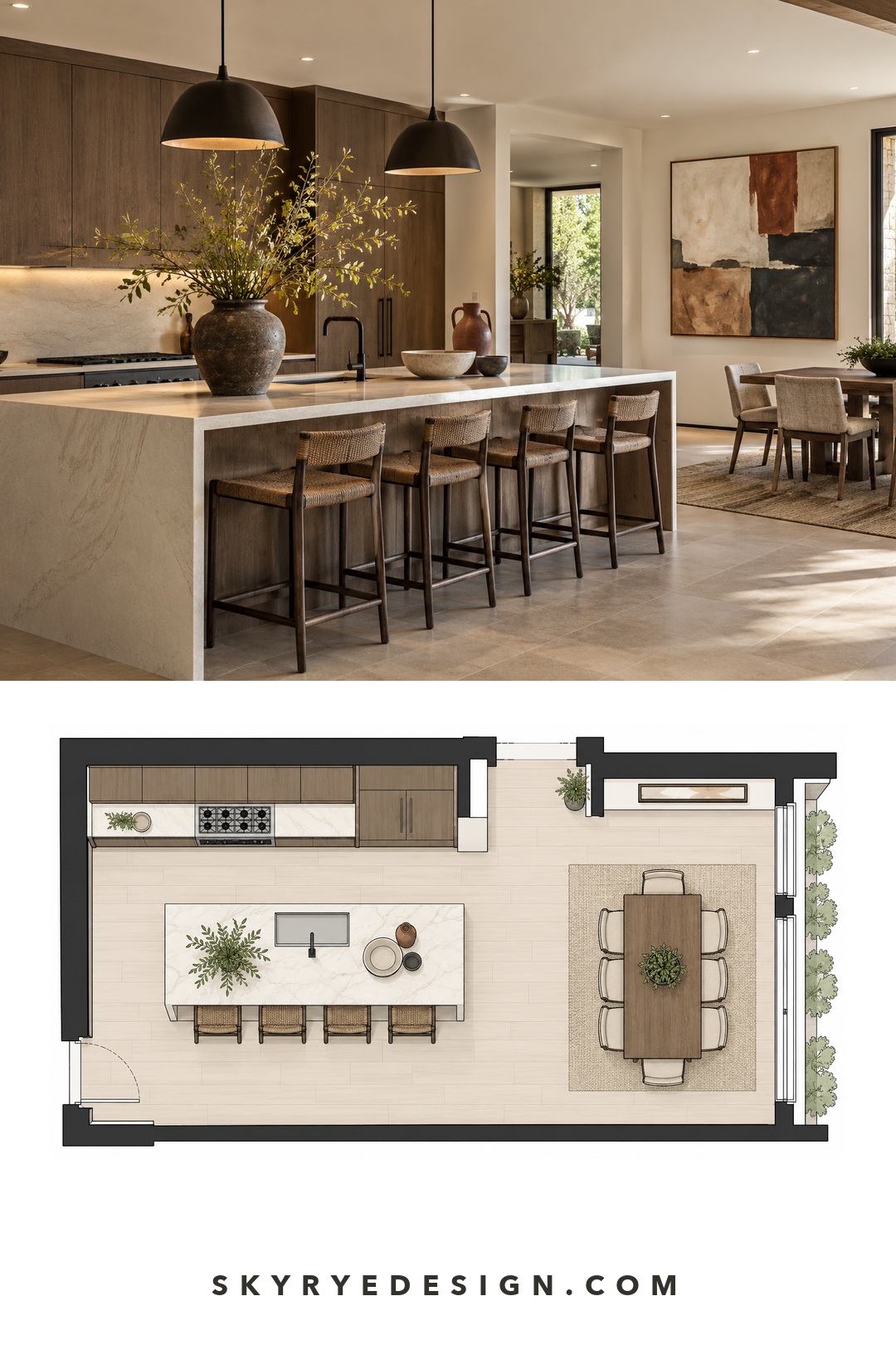 Modern kitchen and floor plan using one large artwork and a few substantial accessories
