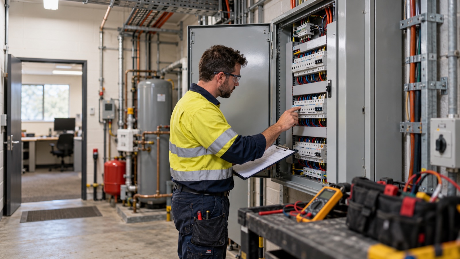 Commercial electrician inspecting electrical distribution equipment Commercial electrician inspecting electrical distribution equipment | Sky Rye Design Commercial electrician inspecting electrical distribution equipment