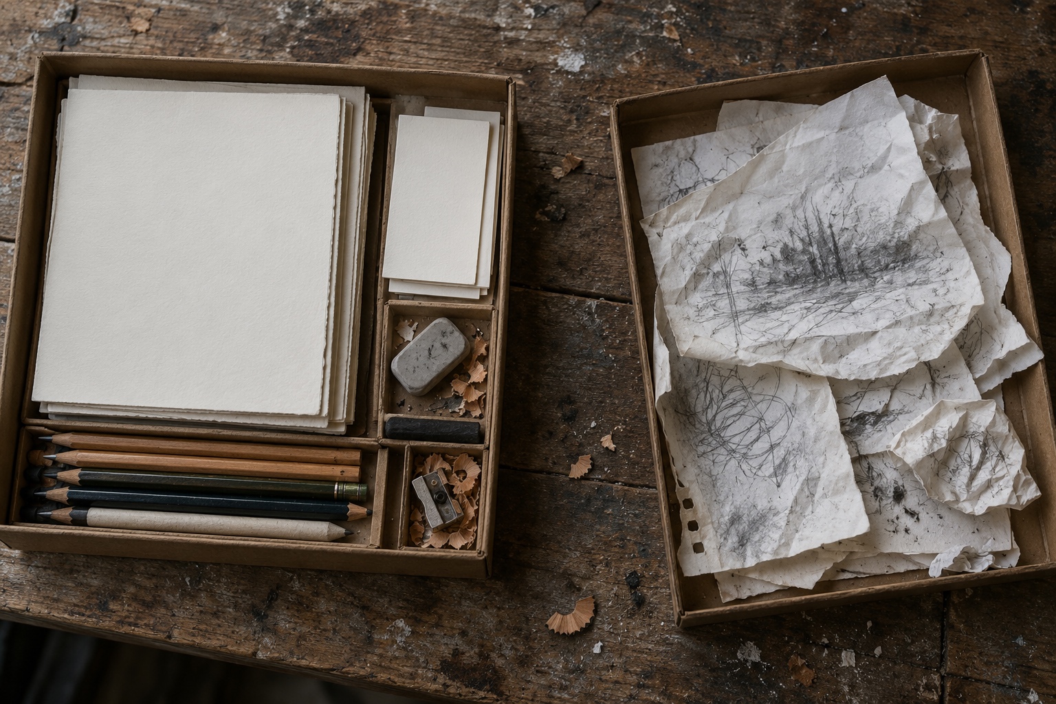 Separating fresh and used materials Overhead view of fresh paper inside a game kit and used sheets resting in the upturned lid beside it | Sky Rye Design Overhead view of fresh paper inside a game kit and used sheets resting in the upturned lid beside it