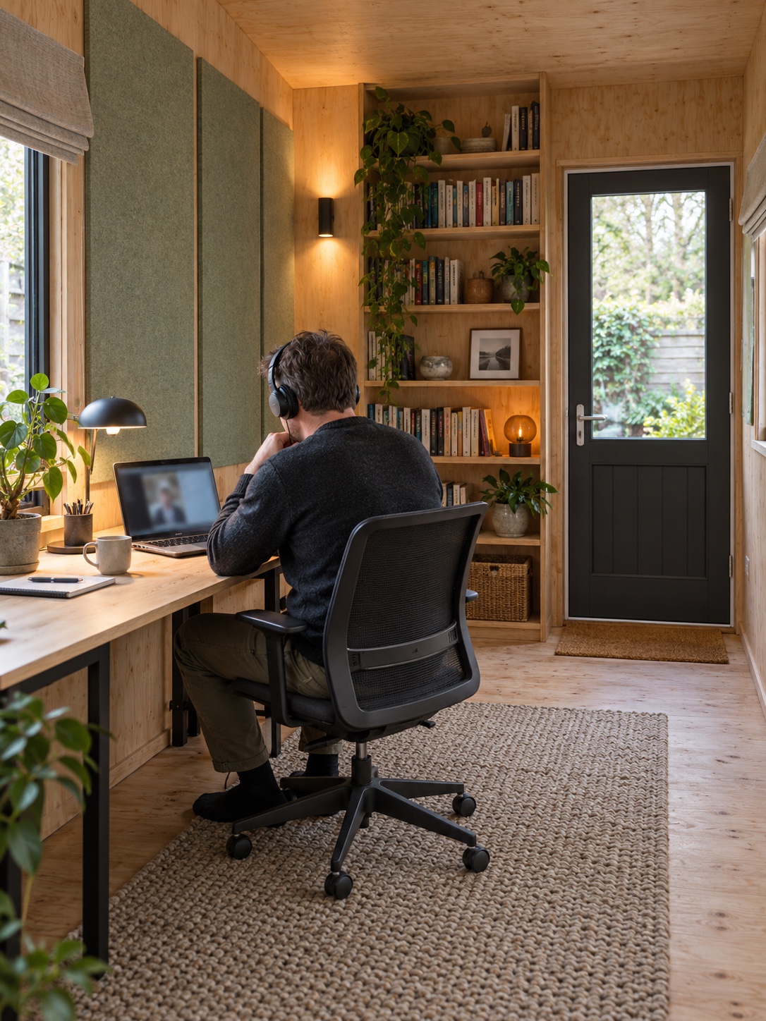 Person on a video call at a desk in a timber garden office with acoustic panels, a bookcase and a rug softening the room