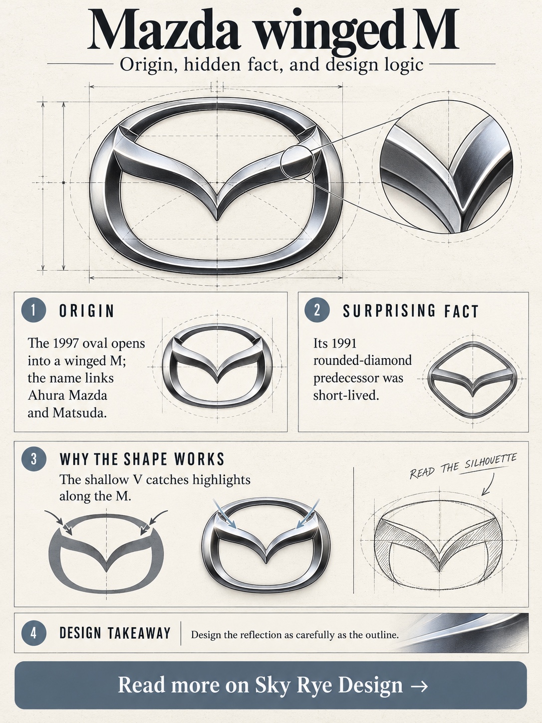 Infographic explaining the origin, surprising fact, and design logic of the Mazda logo