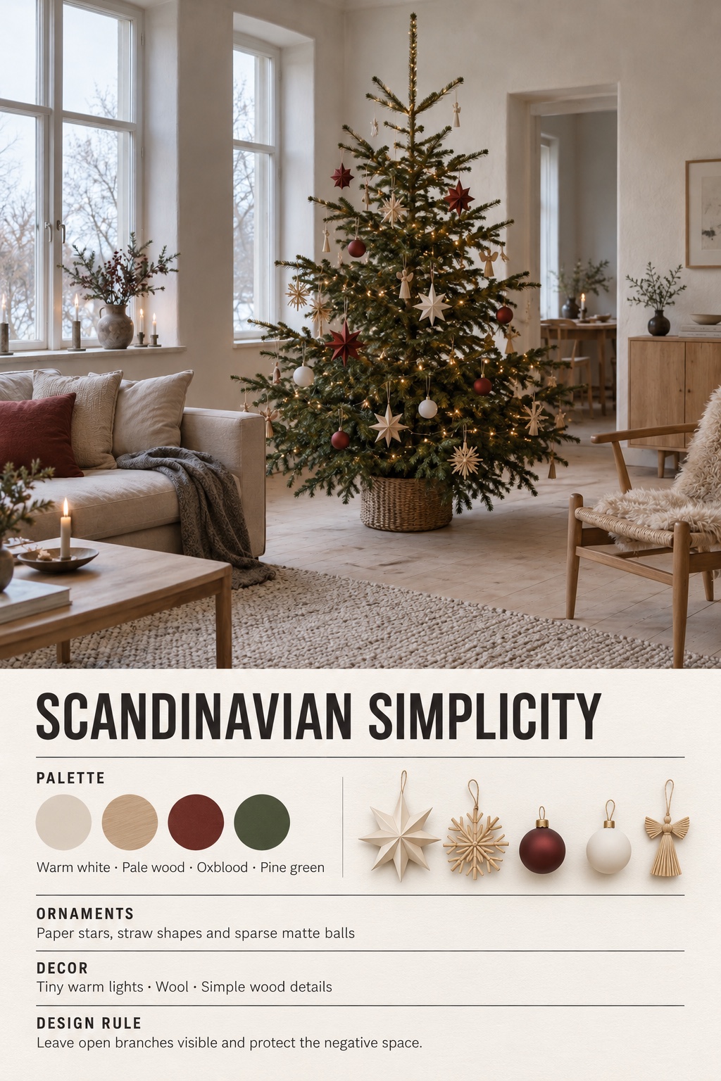 Scandinavian Simplicity Christmas Tree Infographic Scandinavian Simplicity Christmas tree infographic with color palette, ornaments, decor, and design rule | Sky Rye Design Scandinavian Simplicity Christmas tree infographic with color palette, ornaments, decor, and design rule