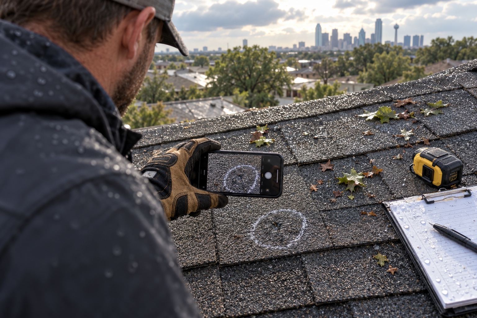 Storm Damage Documentation Roof inspector photographing and measuring hail marks on shingles | Sky Rye Design Roof inspector photographing and measuring hail marks on shingles