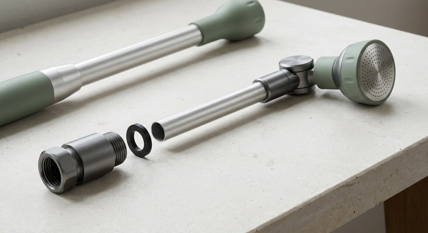 Watering wand coupling, hose threads, rubber washer, tube, and head materials arranged for inspection