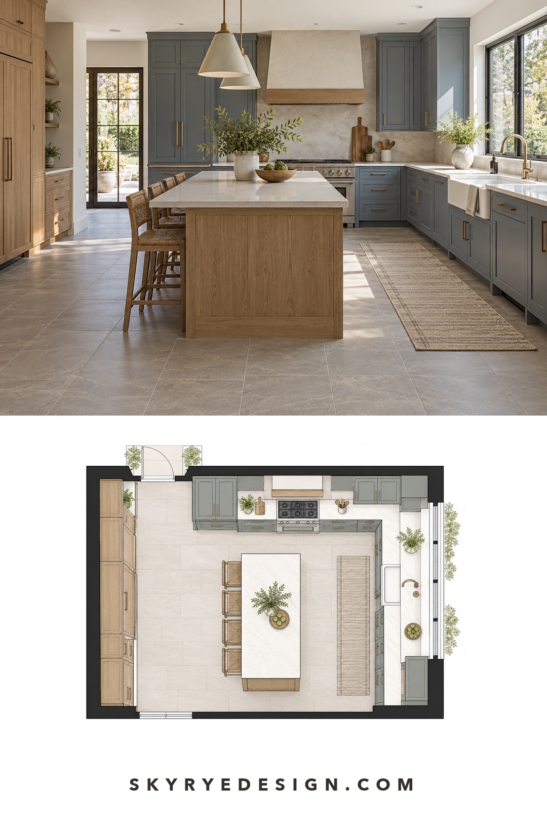 Modern kitchen and floor plan with durable tile and a flat runner outside cabinet swing paths