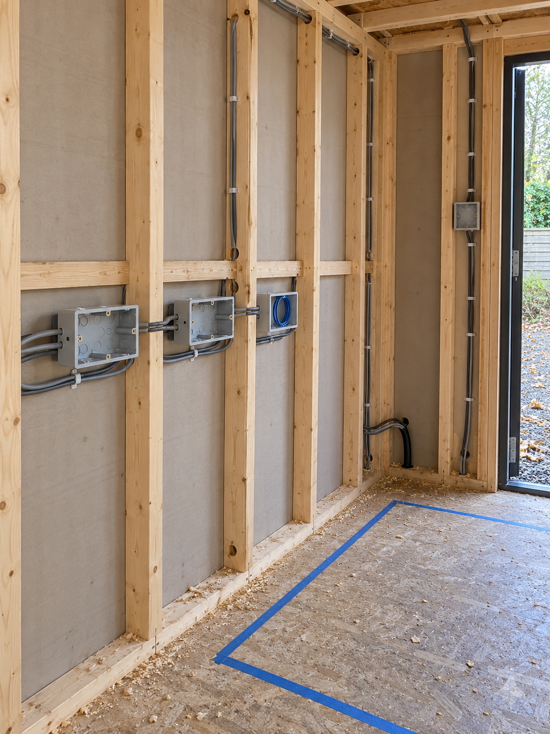 Outlet boxes and cable runs installed in a timber office wall before lining, positioned around a planned desk zone