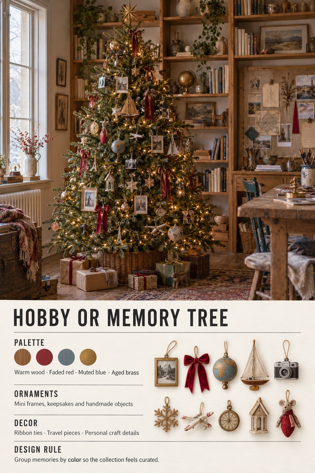 Hobby or Memory Tree Infographic Hobby or memory Christmas tree infographic with color palette, ornaments, decor, and design rule | Sky Rye Design Hobby or memory Christmas tree infographic with color palette, ornaments, decor, and design rule