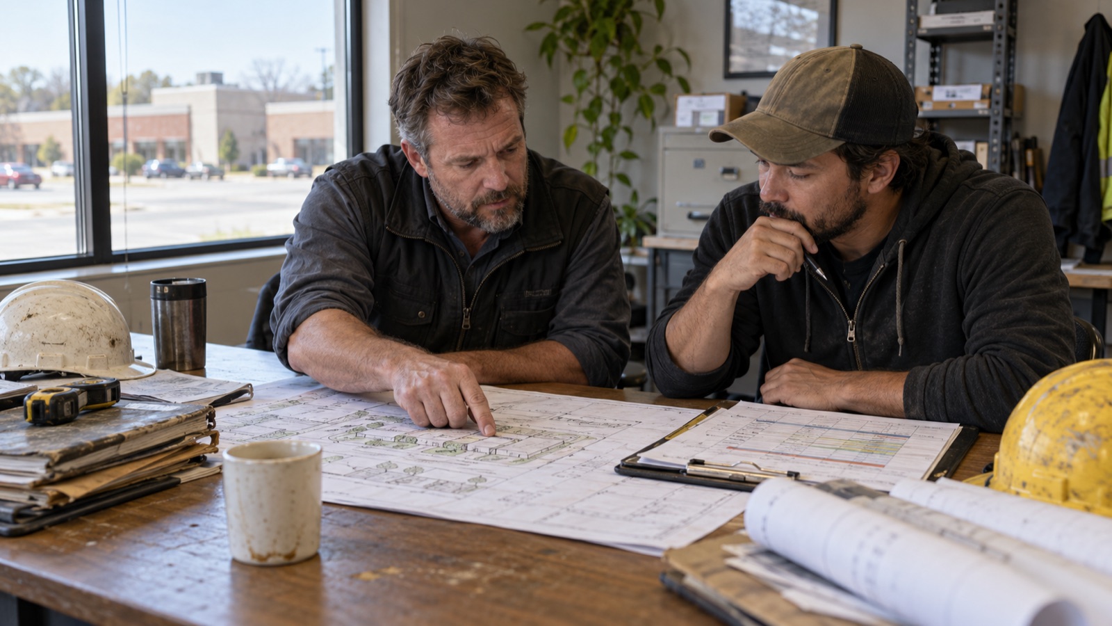 Facilities maintenance team planning electrical work across several buildings Facilities maintenance team planning electrical work across several buildings | Sky Rye Design Facilities maintenance team planning electrical work across several buildings