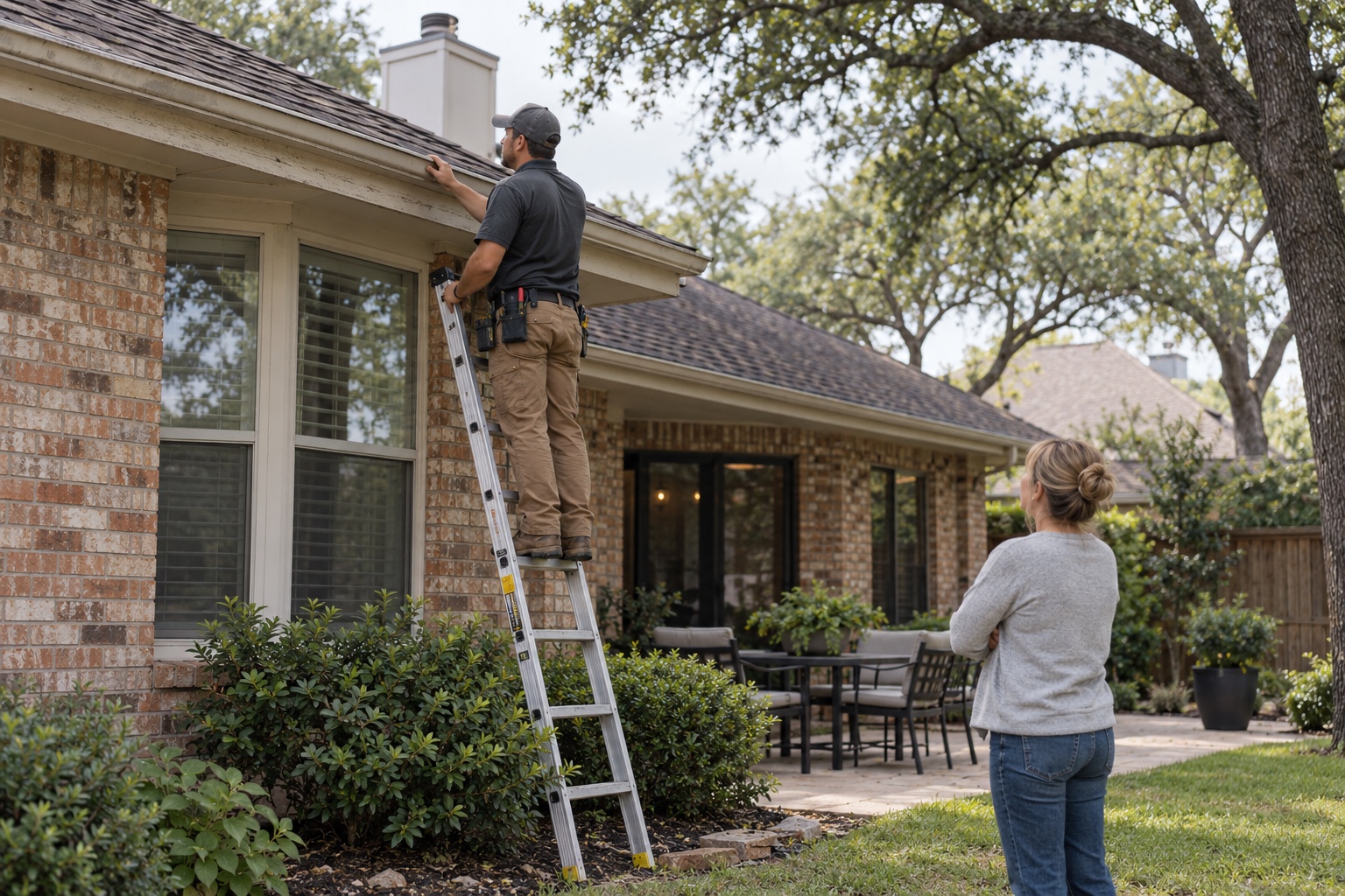 Pre-Replacement Roof Inspection Roofing professional inspecting the eave of a North Dallas home | Sky Rye Design Roofing professional inspecting the eave of a North Dallas home