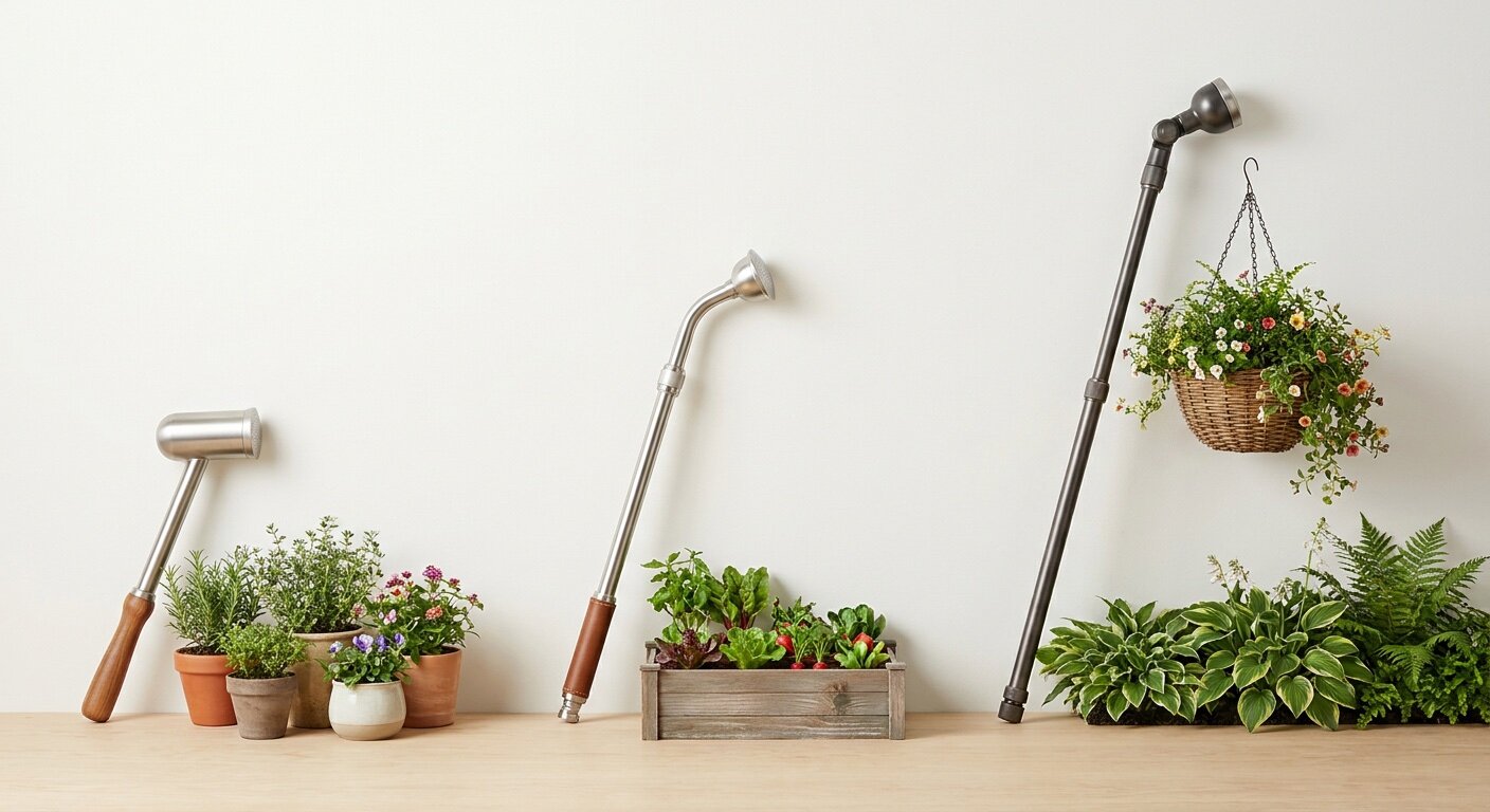Short, medium, and long watering wands paired with patio pots, raised beds, and hanging baskets