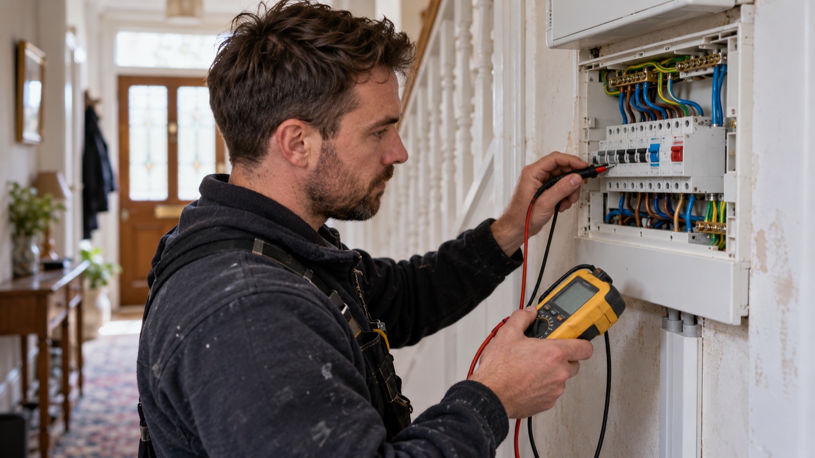 Electrician tracing a domestic RCD fault with test equipment Electrician tracing a domestic RCD fault with test equipment | Sky Rye Design Electrician tracing a domestic RCD fault with test equipment