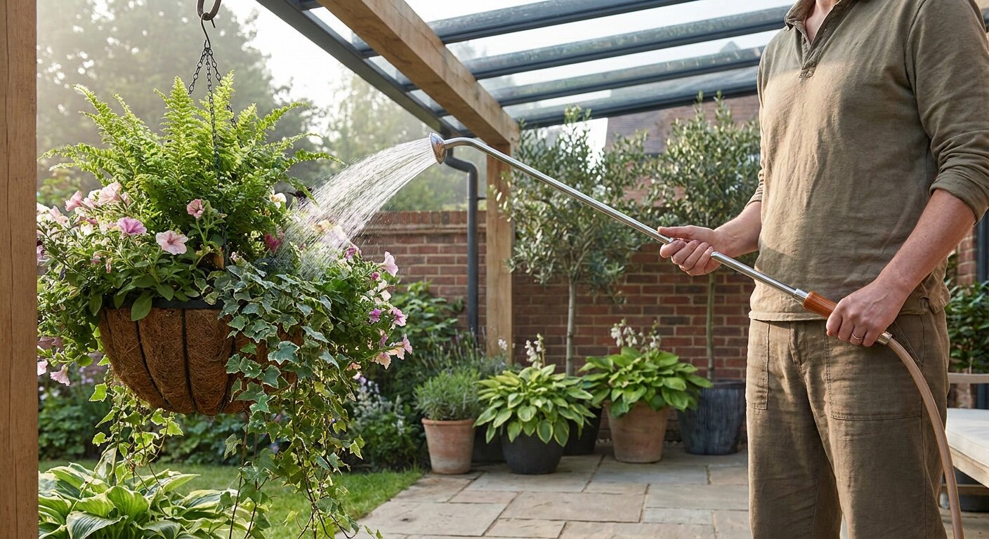 Angled watering wand reaching a hanging basket safely from ground level