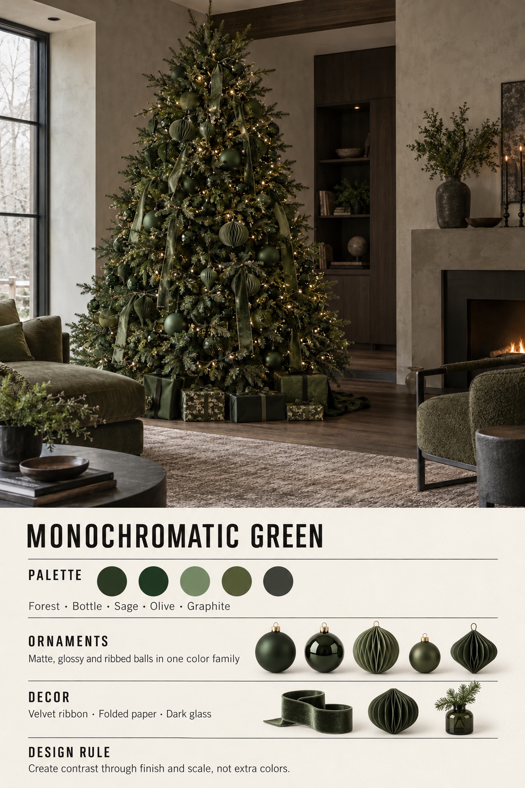 Monochromatic Green Christmas Tree Infographic Monochromatic Green Christmas tree infographic with color palette, ornaments, decor, and design rule | Sky Rye Design Monochromatic Green Christmas tree infographic with color palette, ornaments, decor, and design rule