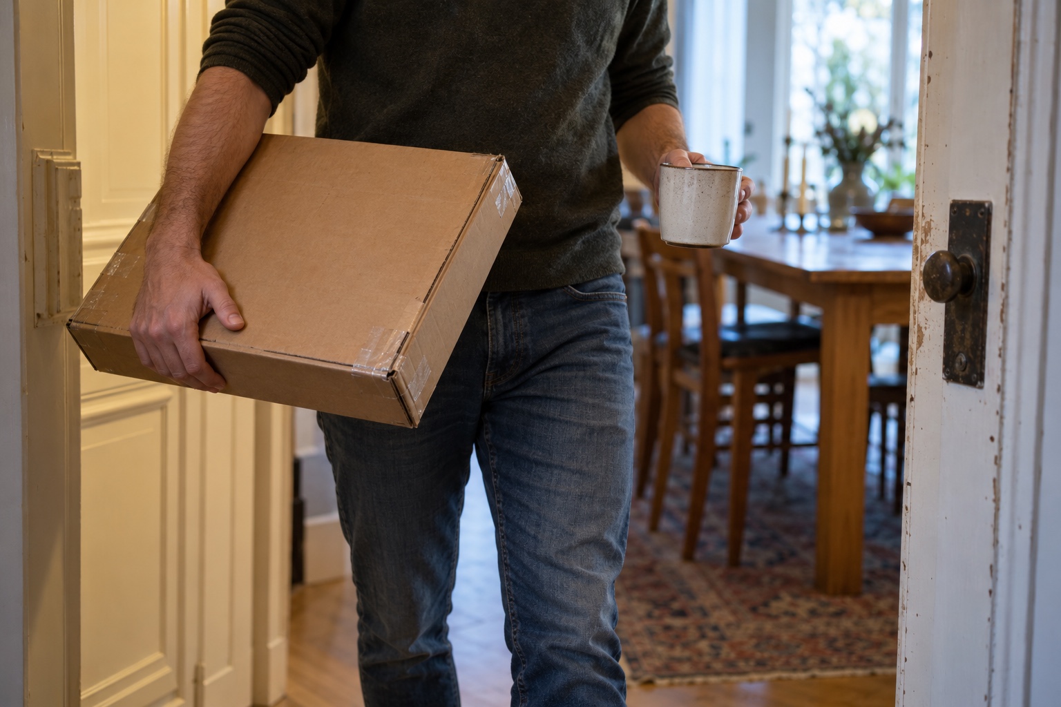 Carrying test before finishing Person carrying a closed cardboard game kit one-handed at a slight tilt through a doorway | Sky Rye Design Person carrying a closed cardboard game kit one-handed at a slight tilt through a doorway