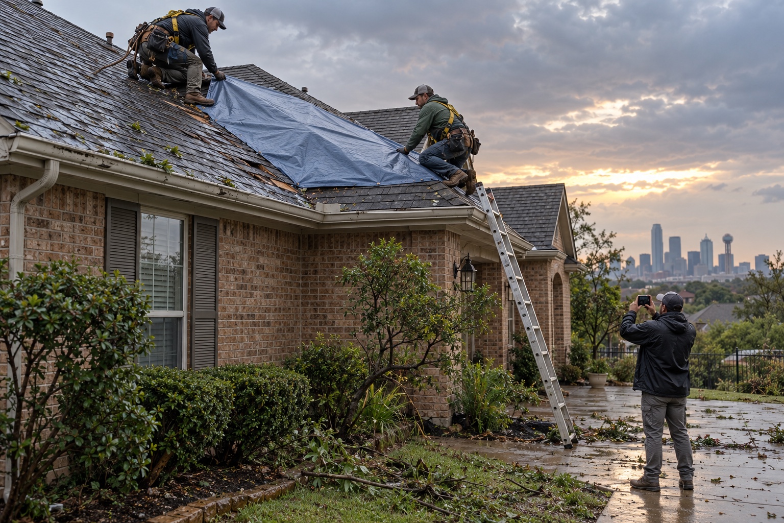 Post-Storm Roof Response Roofers securing a temporary tarp after localized storm damage | Sky Rye Design Roofers securing a temporary tarp after localized storm damage