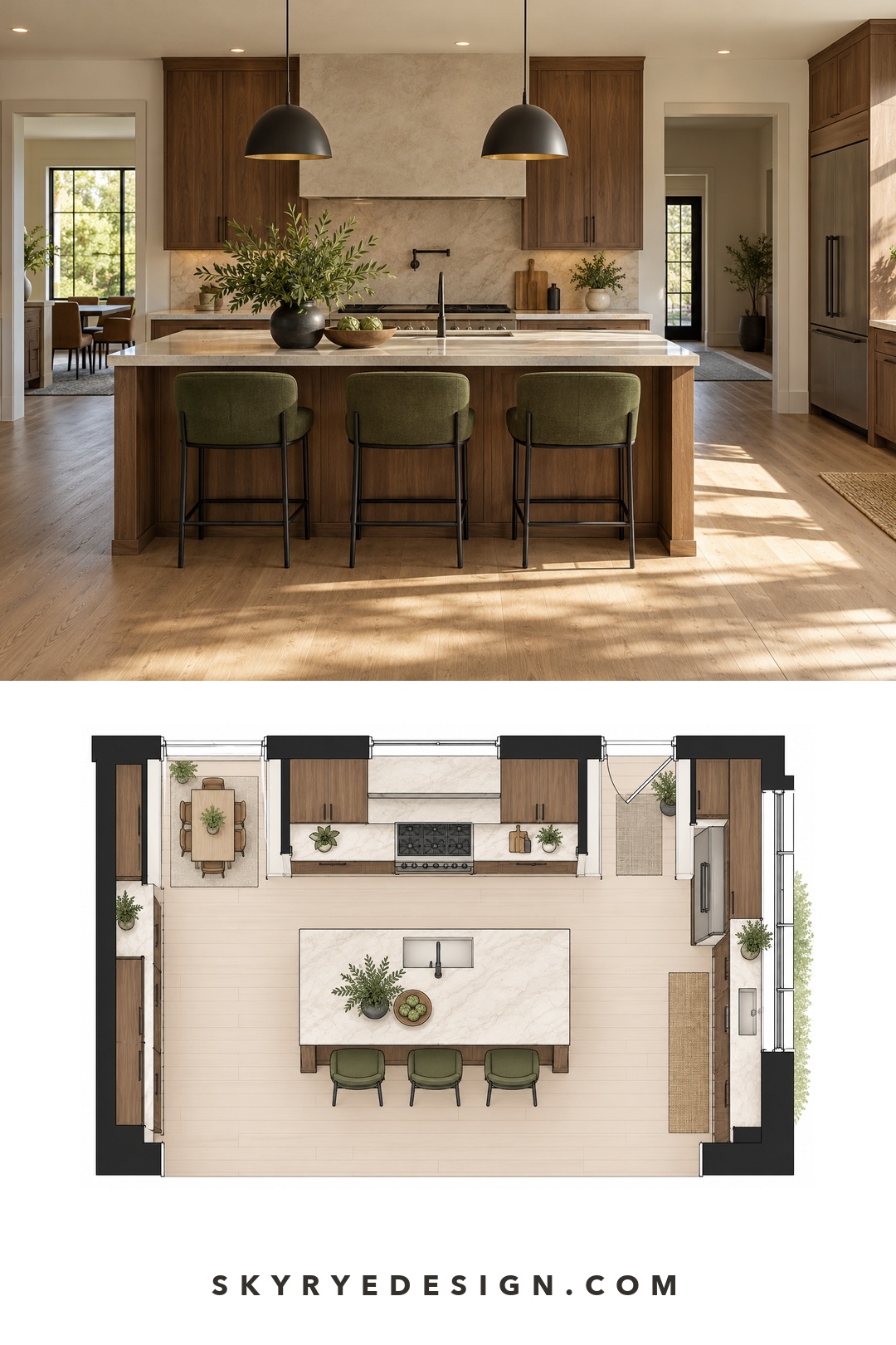 Walnut kitchen and floor plan with three island stools and clear circulation routes