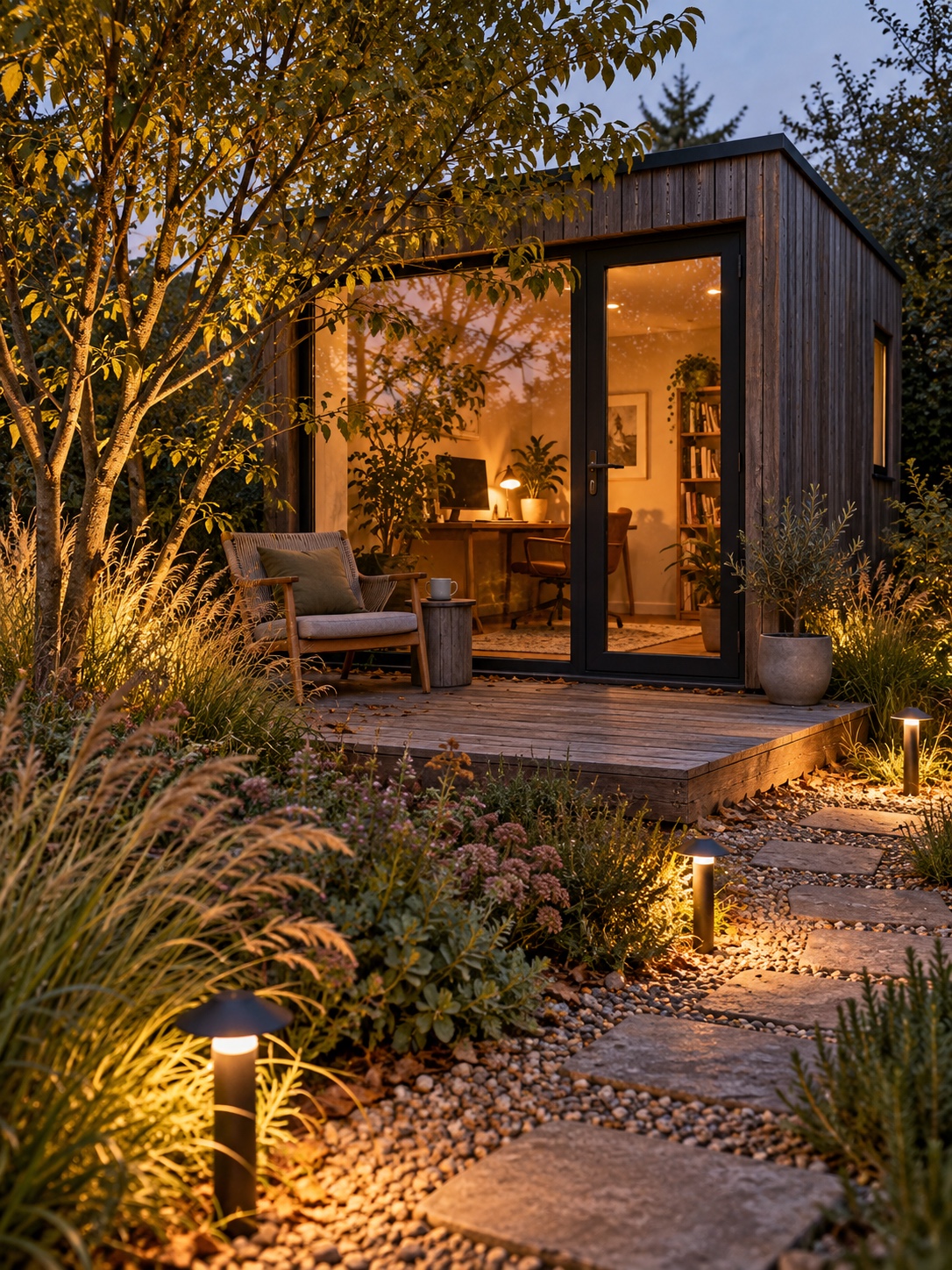 Timber garden office with a small deck threshold, planting softening its base and low path lights at early evening